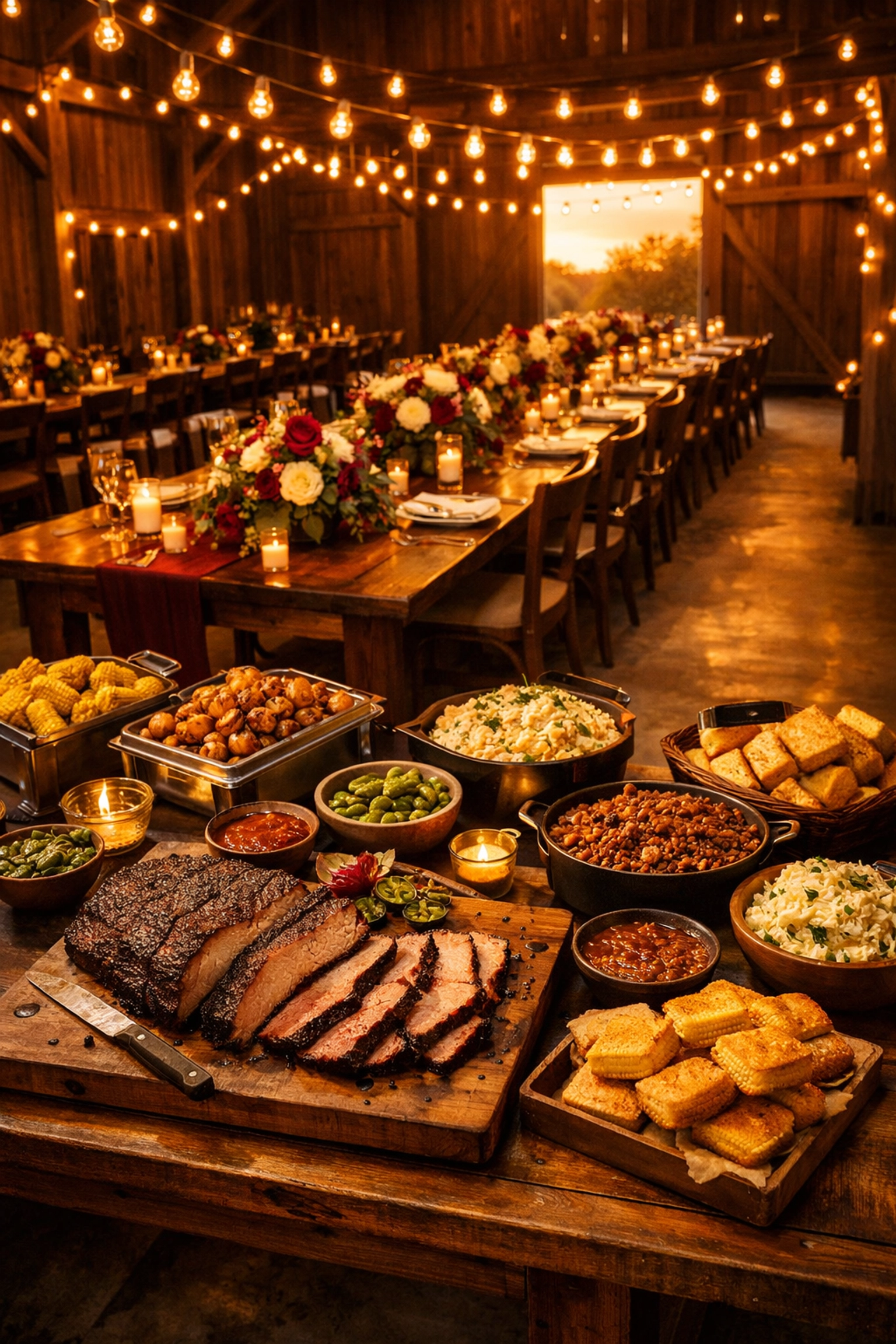 Rustic barn wedding reception setup with BBQ catering stations and elegant table decor in Lubbock