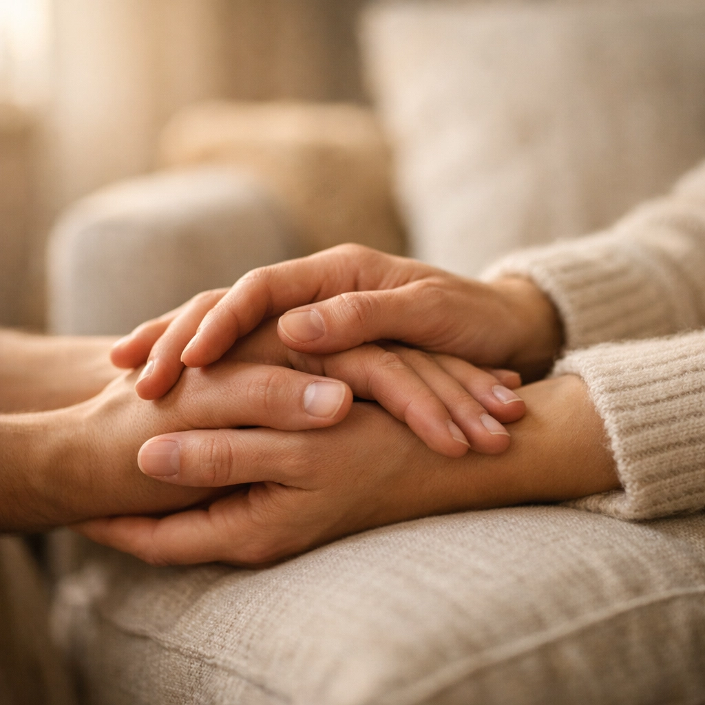 Supportive hands in a sunlit room, representing Agape Care Doulas' compassionate and unconditional postpartum support.