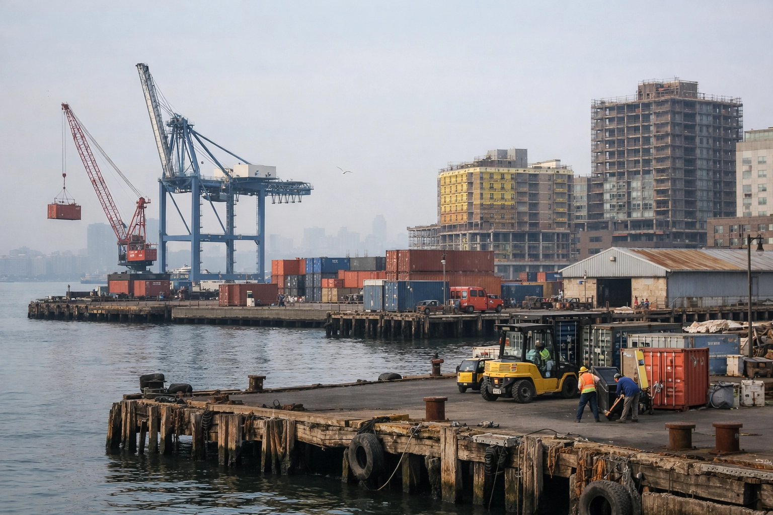 Industrial-community fusion at the Brooklyn Marine Terminal with residential housing and maritime piers.