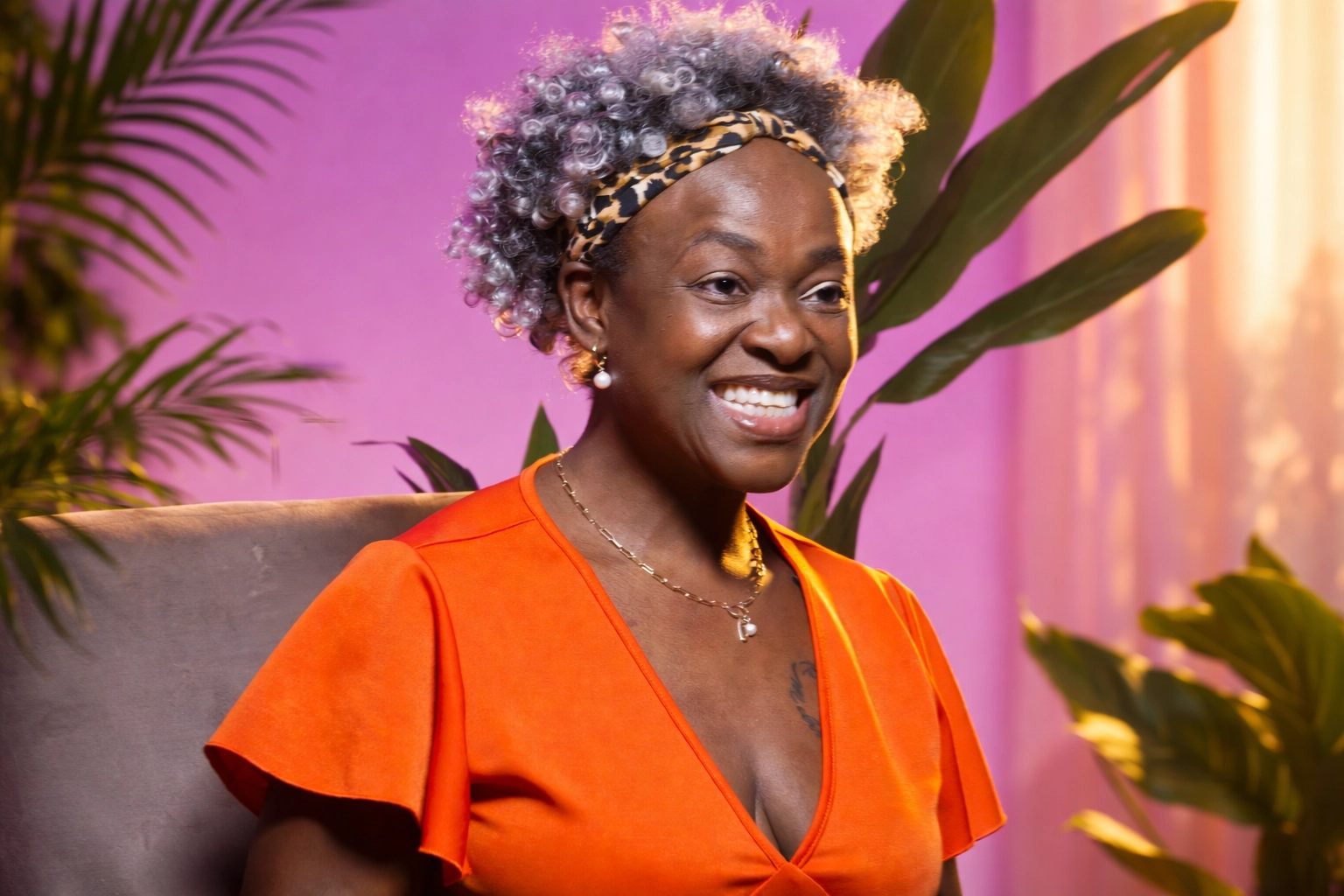 Joyful Woman in Orange Dress