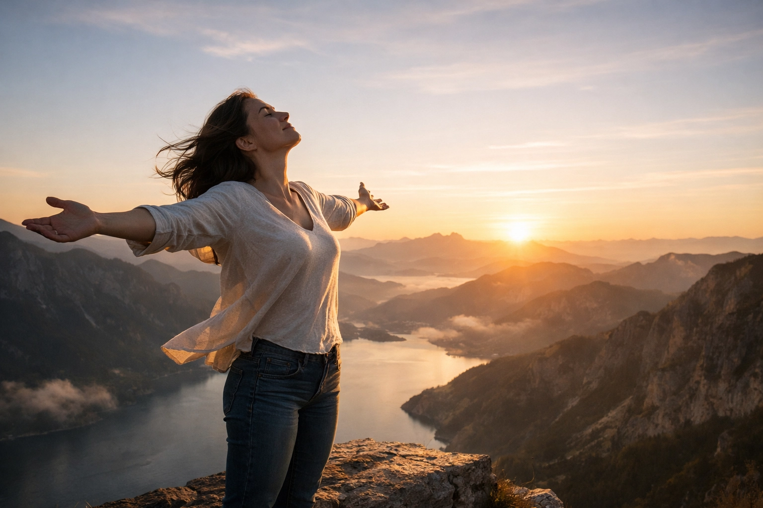 An adult woman standing on a high cliff edge at sunrise, arms spread wide and head tilted back, capturing a moment of freedom and release from heaviness.