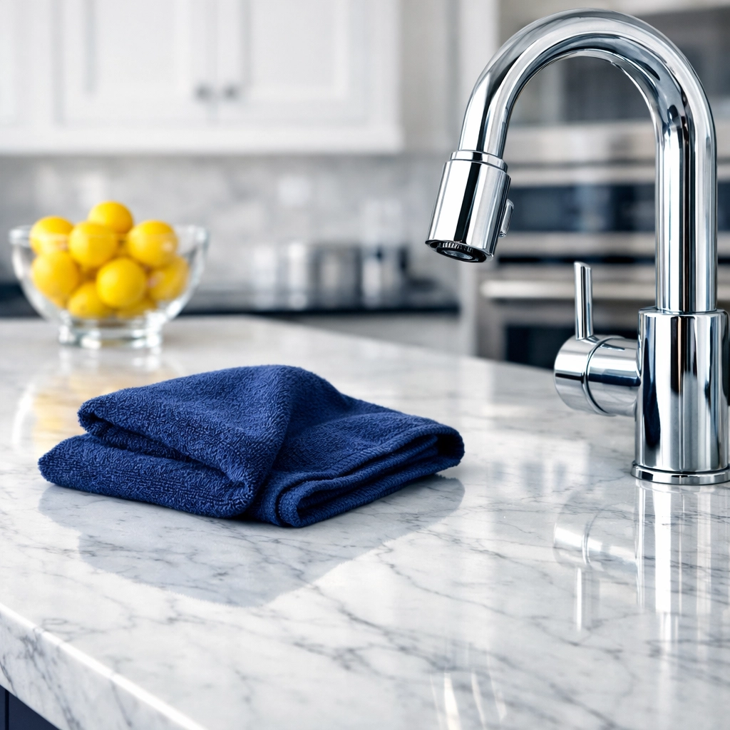 Spotless marble kitchen island after professional residential cleaning in a high-end Lexington MA home.