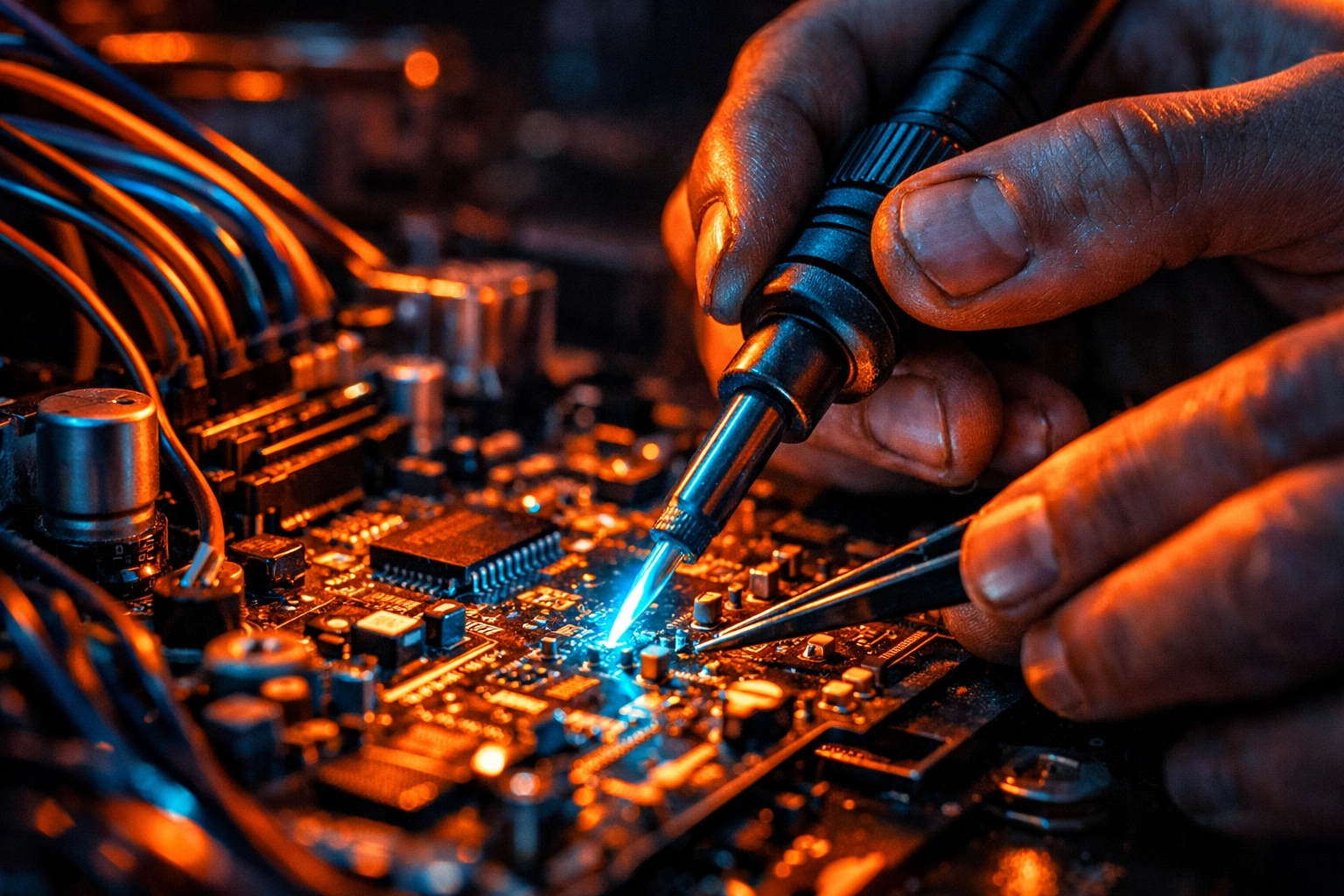 Professional technician performing radio repair in Chattanooga on a vehicle electronic circuit board.