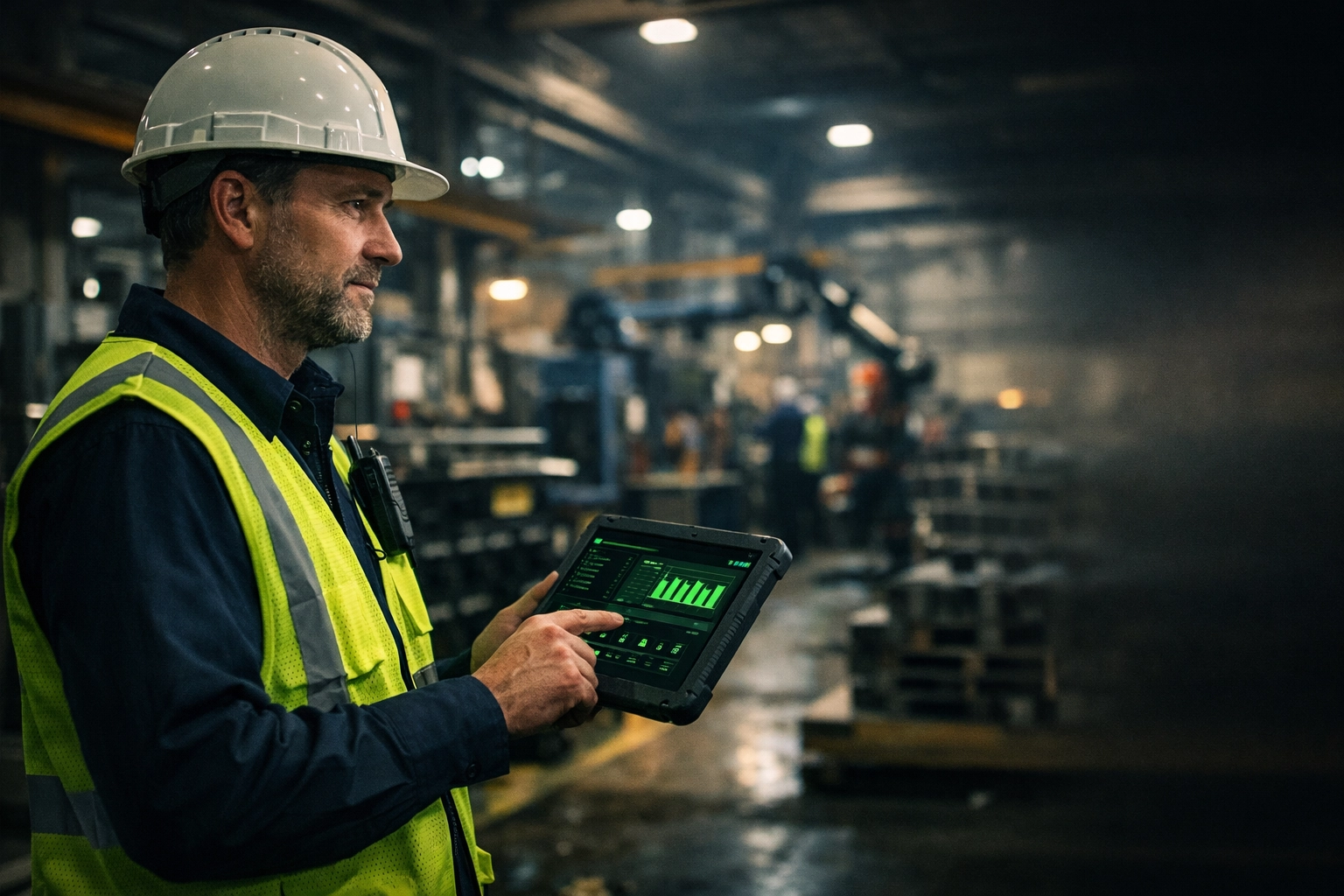 Lincoln manufacturing supervisor using a mobile tablet on a secure shop floor, showing managed IT services in action.