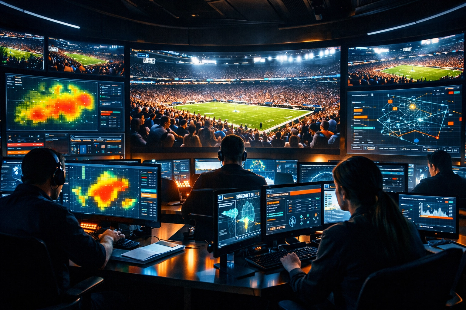 Digital marketing command center monitoring real-time sports analytics during Super Bowl 2026.