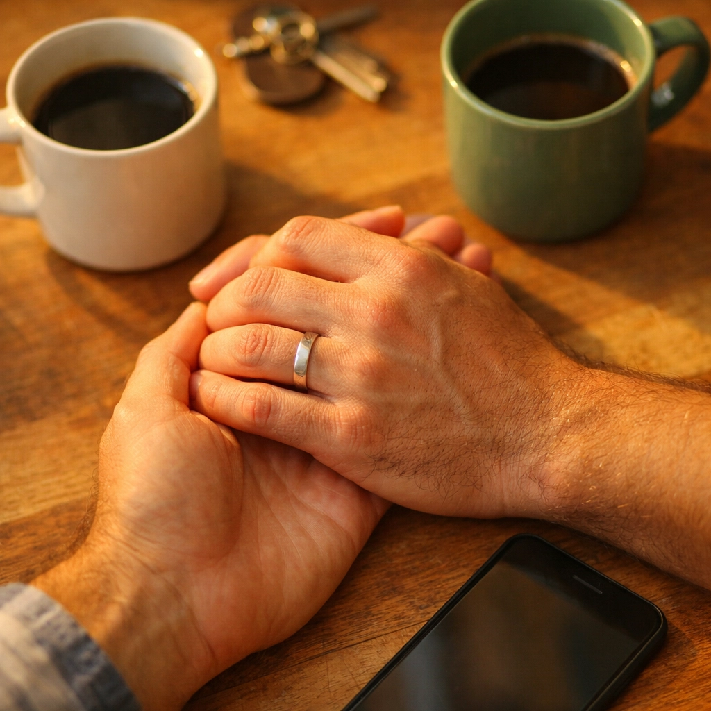 Gay married couple's hands with wedding bands during morning coffee routine