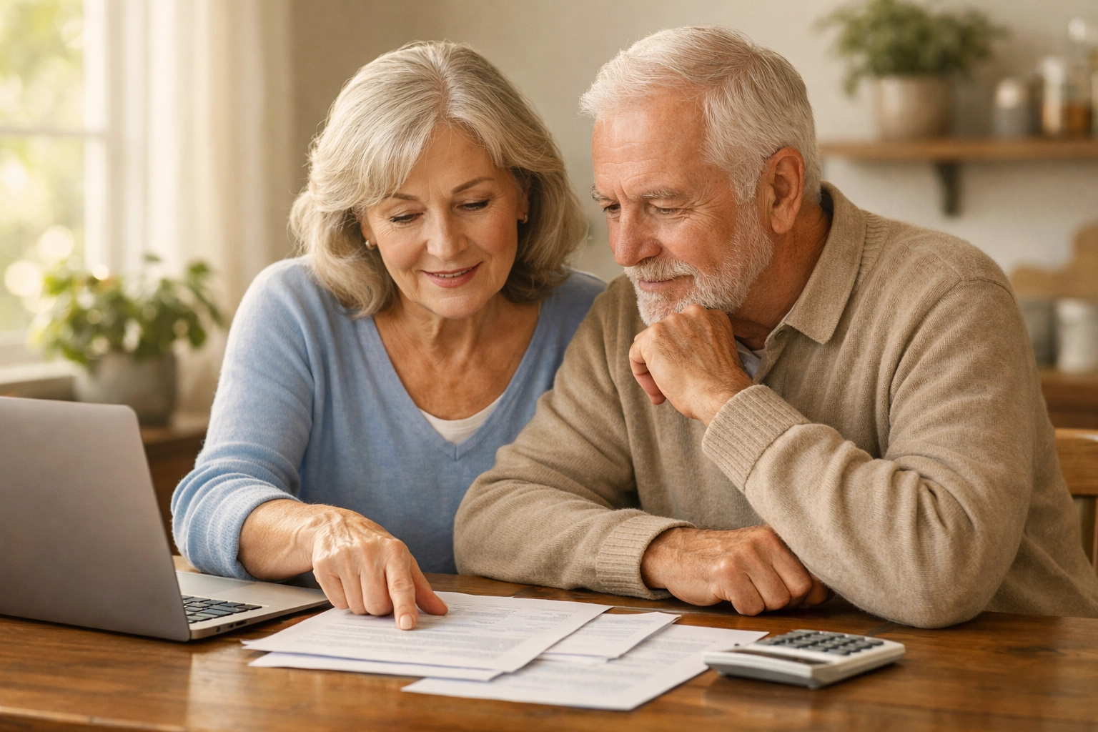 Senior couple reviewing IRA charitable gift annuity documents at home