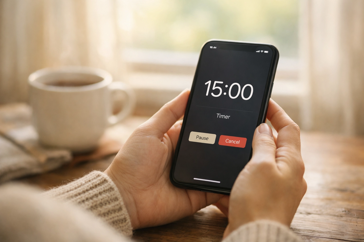 Hands holding smartphone with 15-minute timer for mindful news consumption