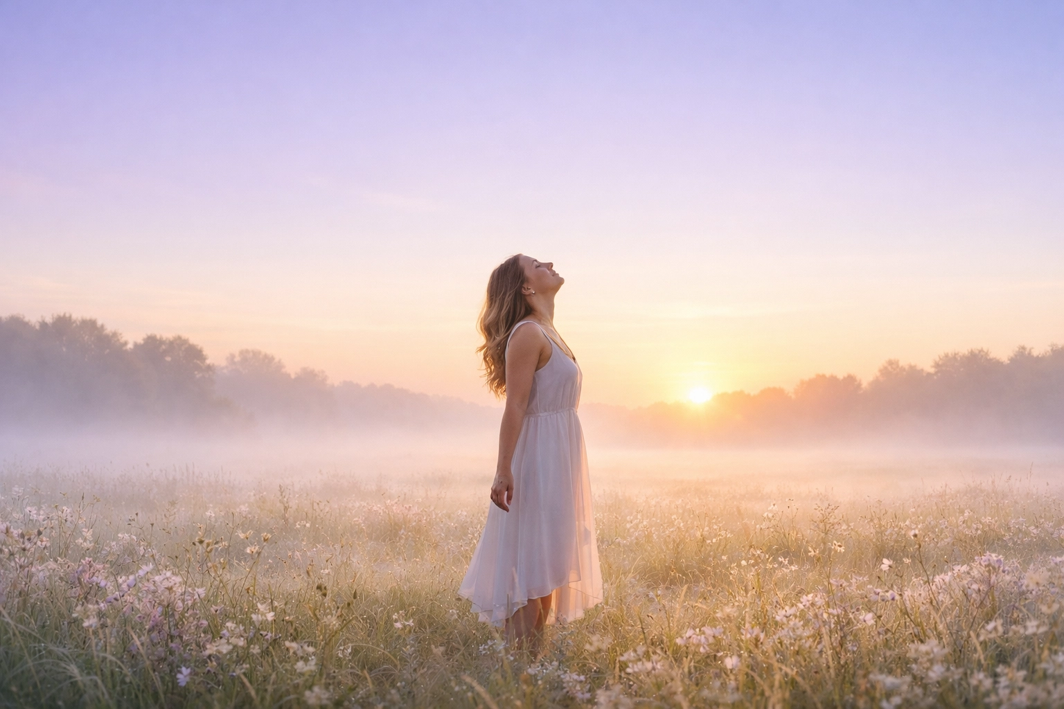 Woman standing in a meadow at sunrise, representing emotional healing and holistic wellness for women.