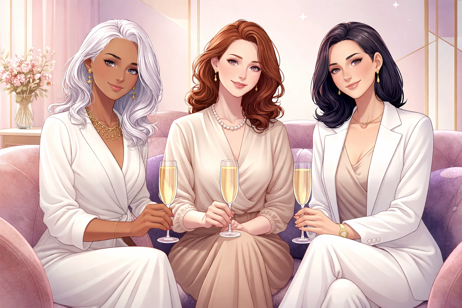 Three diverse women over 50 with flawless nano brows, exuding confidence and timeless beauty in an upscale lounge.