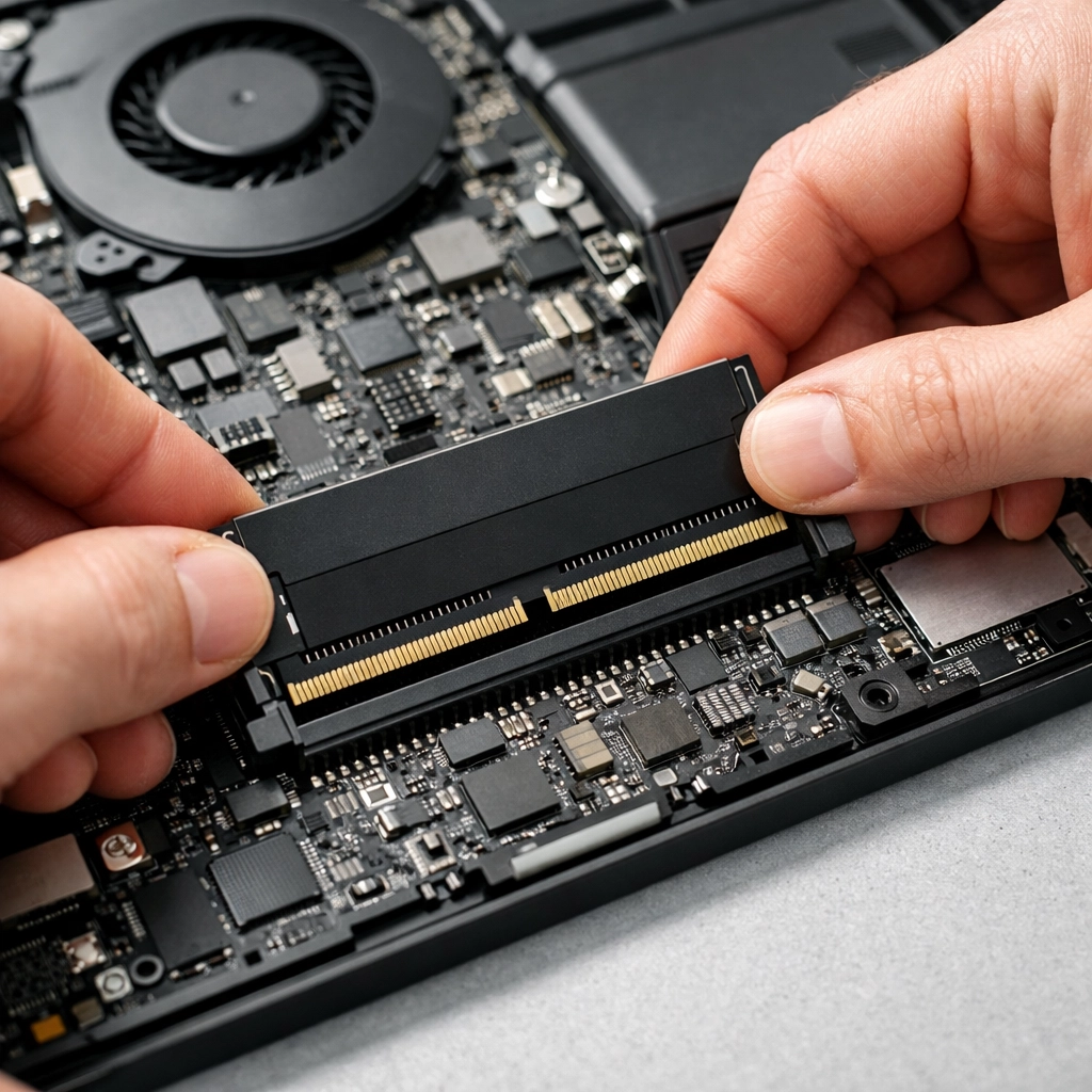 A professional technician installing a new RAM module into a laptop for a hardware speed upgrade.