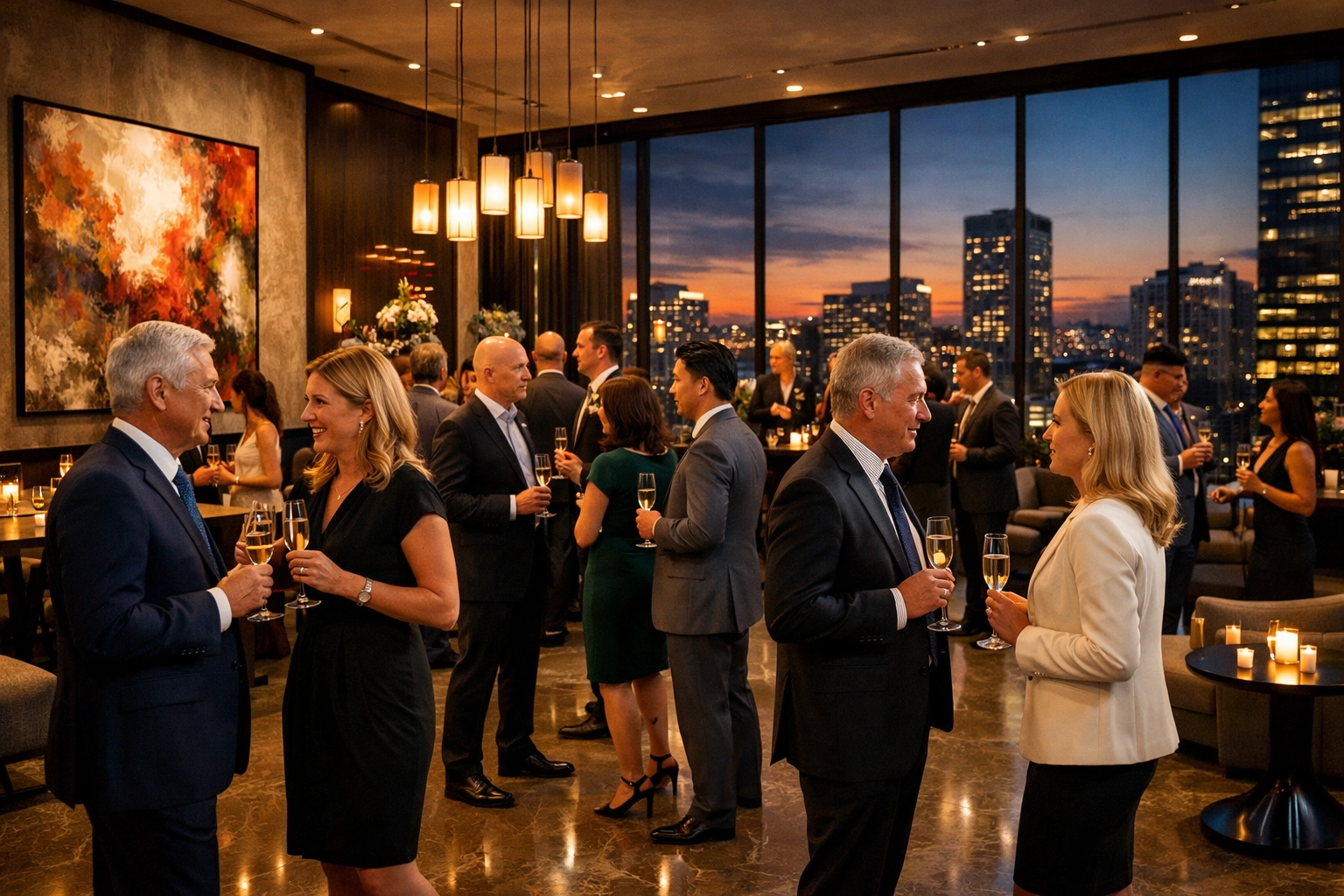 Executive networking at exclusive VIP cocktail reception for business partnerships