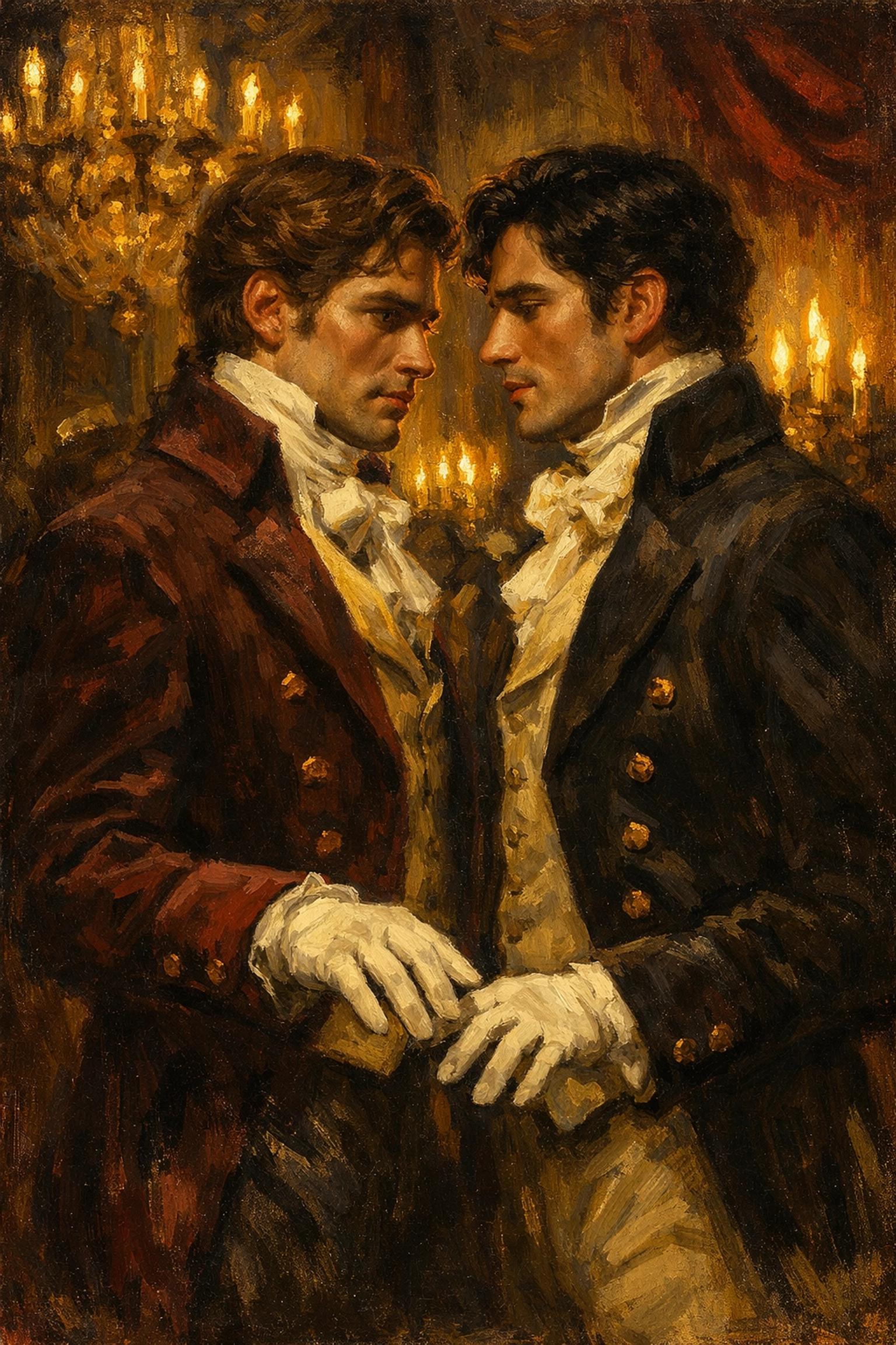 Two men in Regency formal attire share a tender moment in a candlelit ballroom - MM historical romance