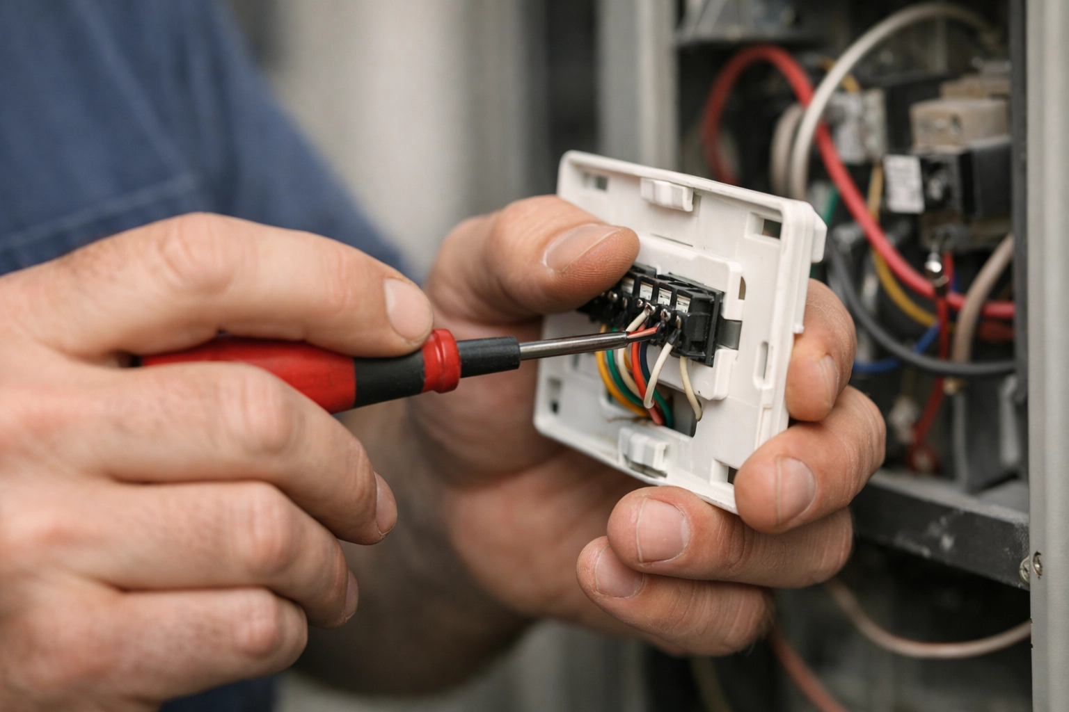 Close-up of an HVAC technician's hands working on a thermostat or AC control wiring