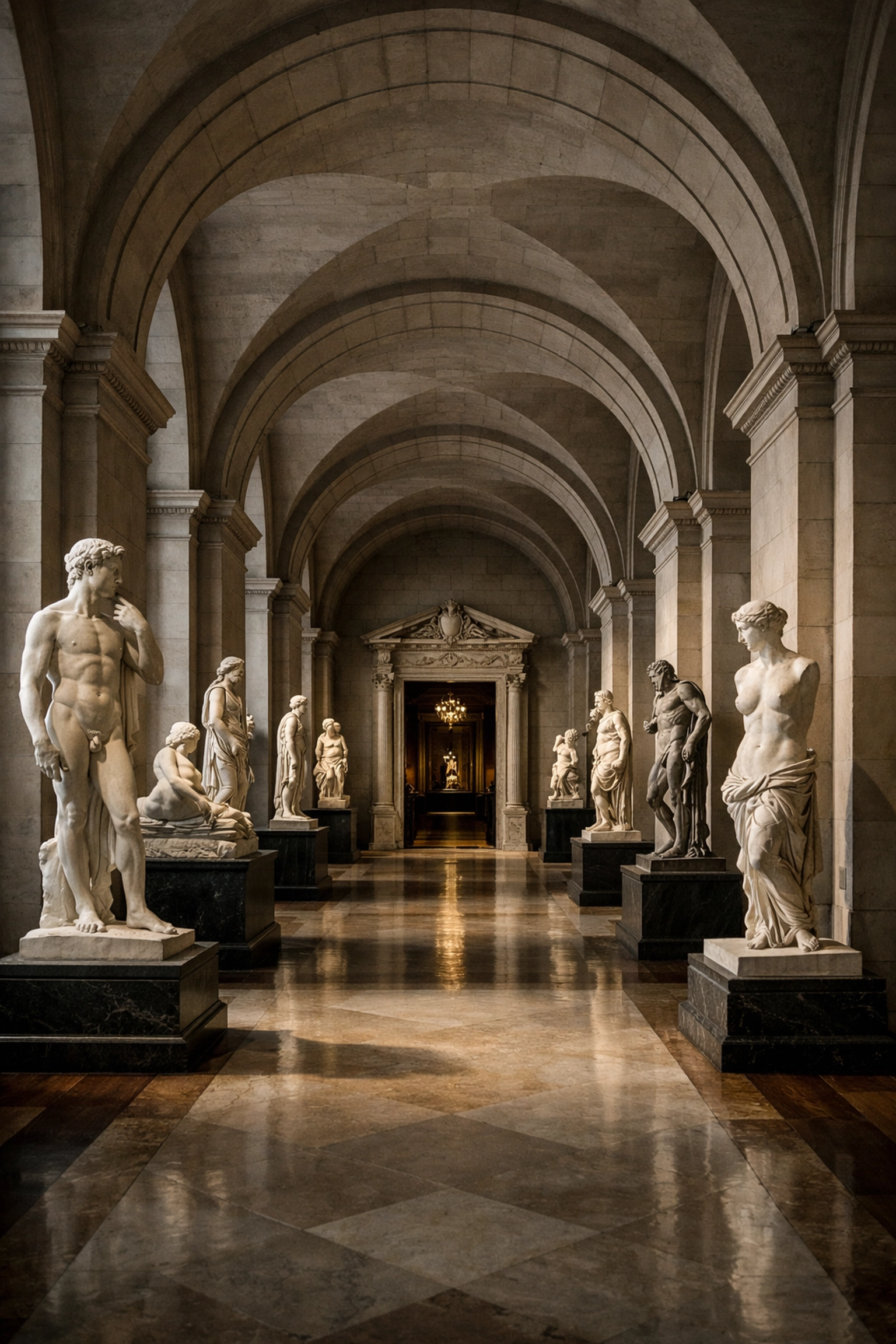 Classic marble statues in the Met's European Sculpture gallery, an iconic photo spot for fine art photography.