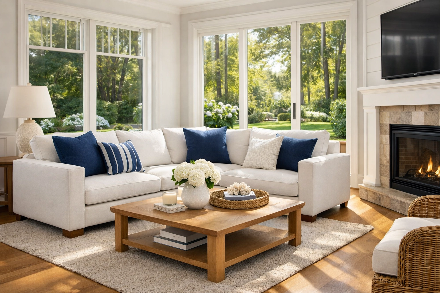 Spotless modern living room in Kingston, MA, showcasing professional weekly house cleaning results.