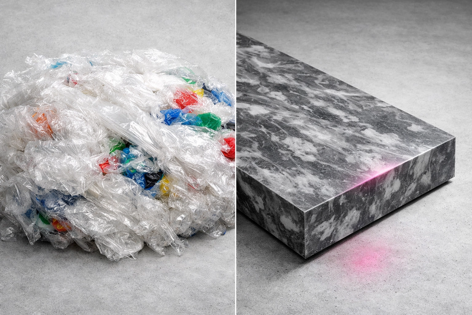 Comparison of soft plastic waste and a finished 100% recycled plastic structural board for construction.