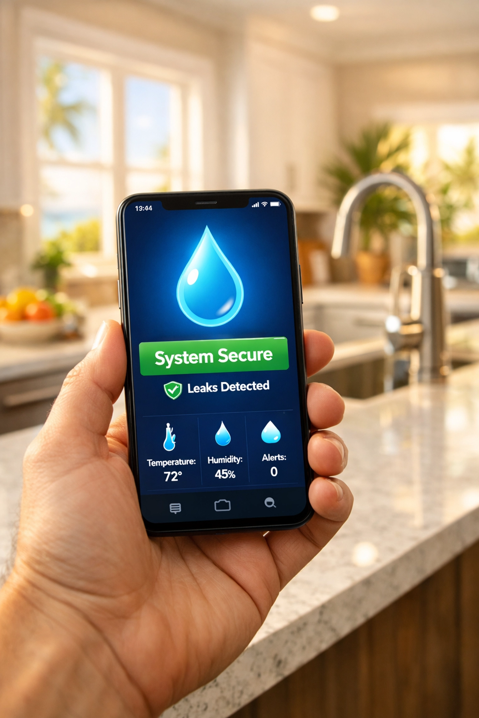 A Florida homeowner using a smartphone app to monitor real-time water usage and smart leak detection alerts.