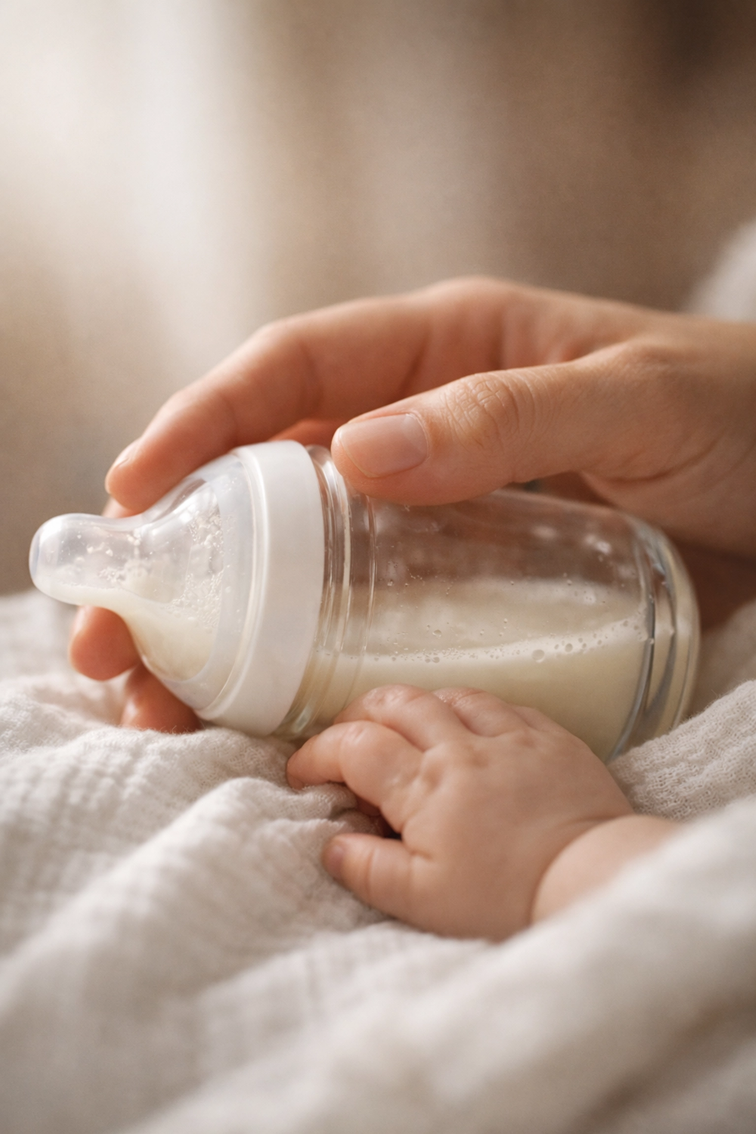 Close-up of a parent's hand cradling a glass baby bottle on a soft muslin cloth during a calm feeding session.