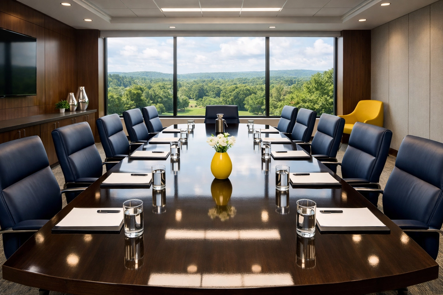 Clean executive boardroom in East Longmeadow featuring a polished table and professional office maintenance.