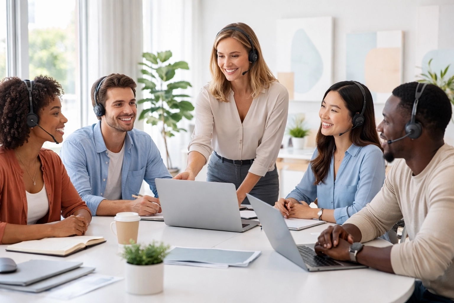 Call center professionals in collaborative training session focused on building referral excellence skills