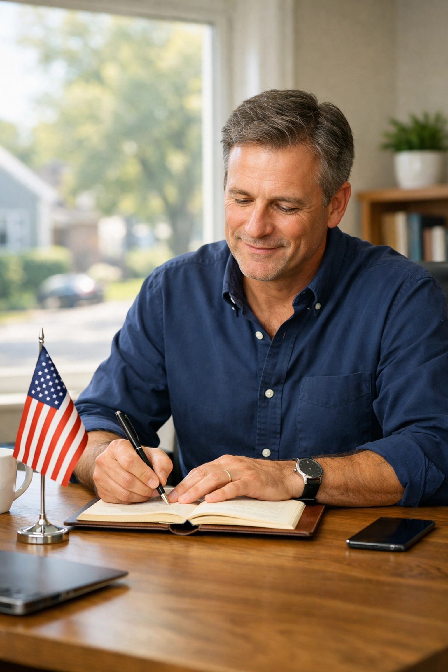 A dedicated leader writing in a journal at a desk with an American flag, representing consistency in civic education.