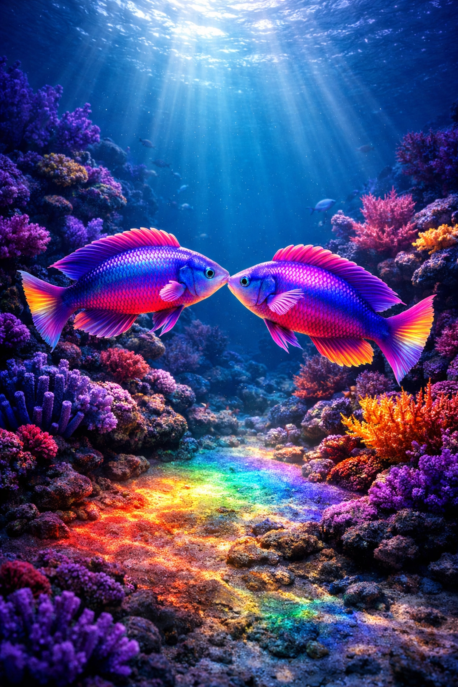Two male tropical fish performing a synchronized courtship dance in a colorful coral reef.