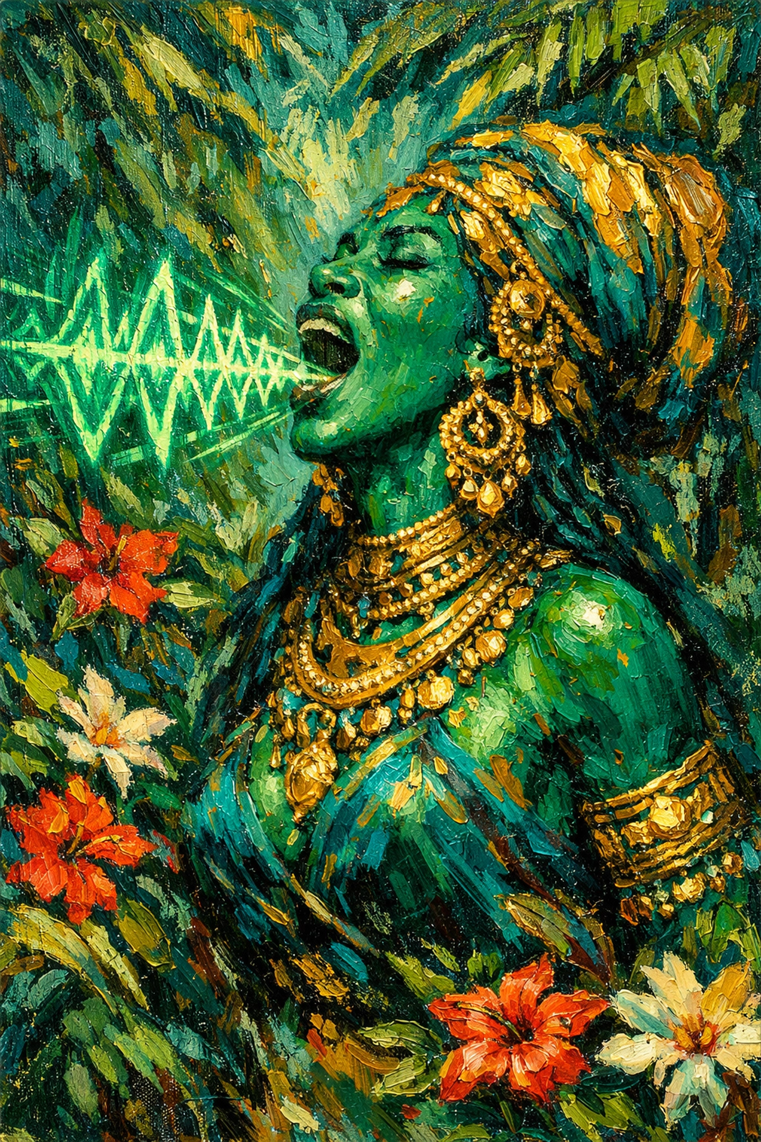 Emerald-skinned woman in a jungle setting representing Matangi and the power of divine spiritual expression.