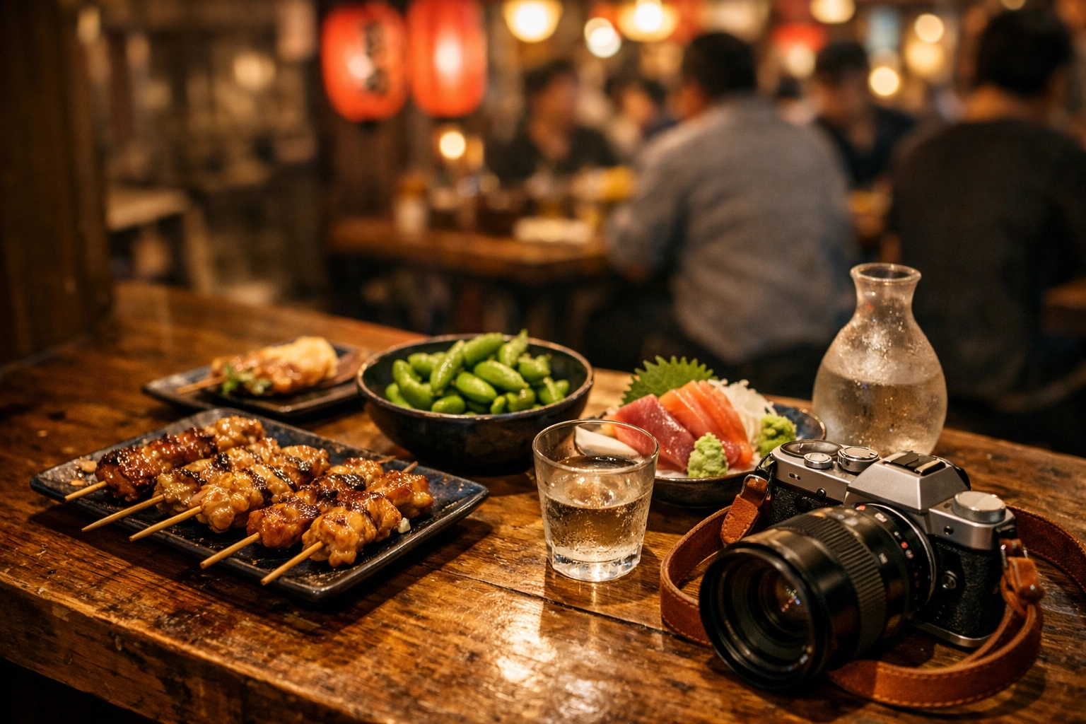 A professional camera next to yakitori and sashimi on a table in a traditional Tokyo izakaya.