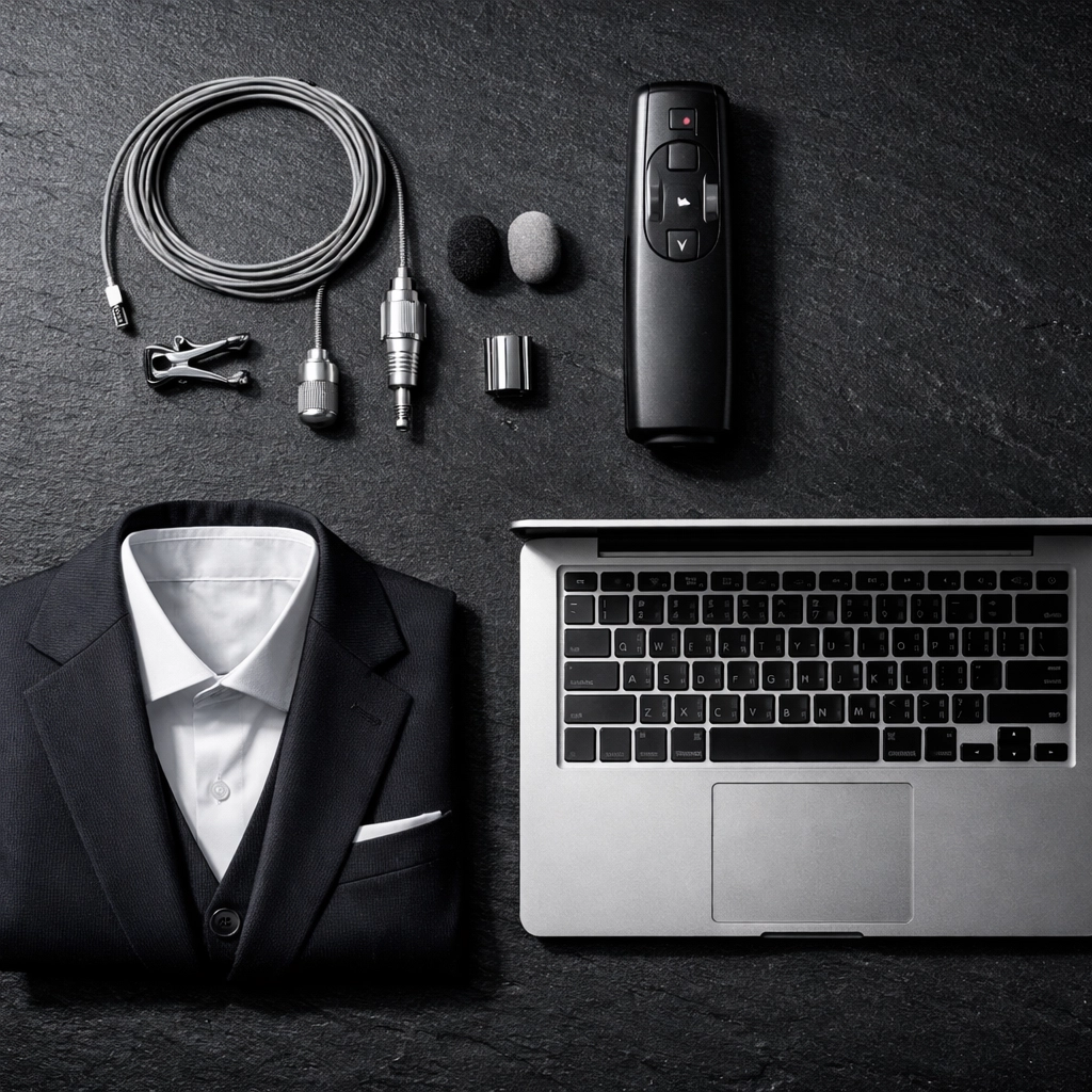 Professional speaker gear including a microphone and remote, showing technical preparation for an event.