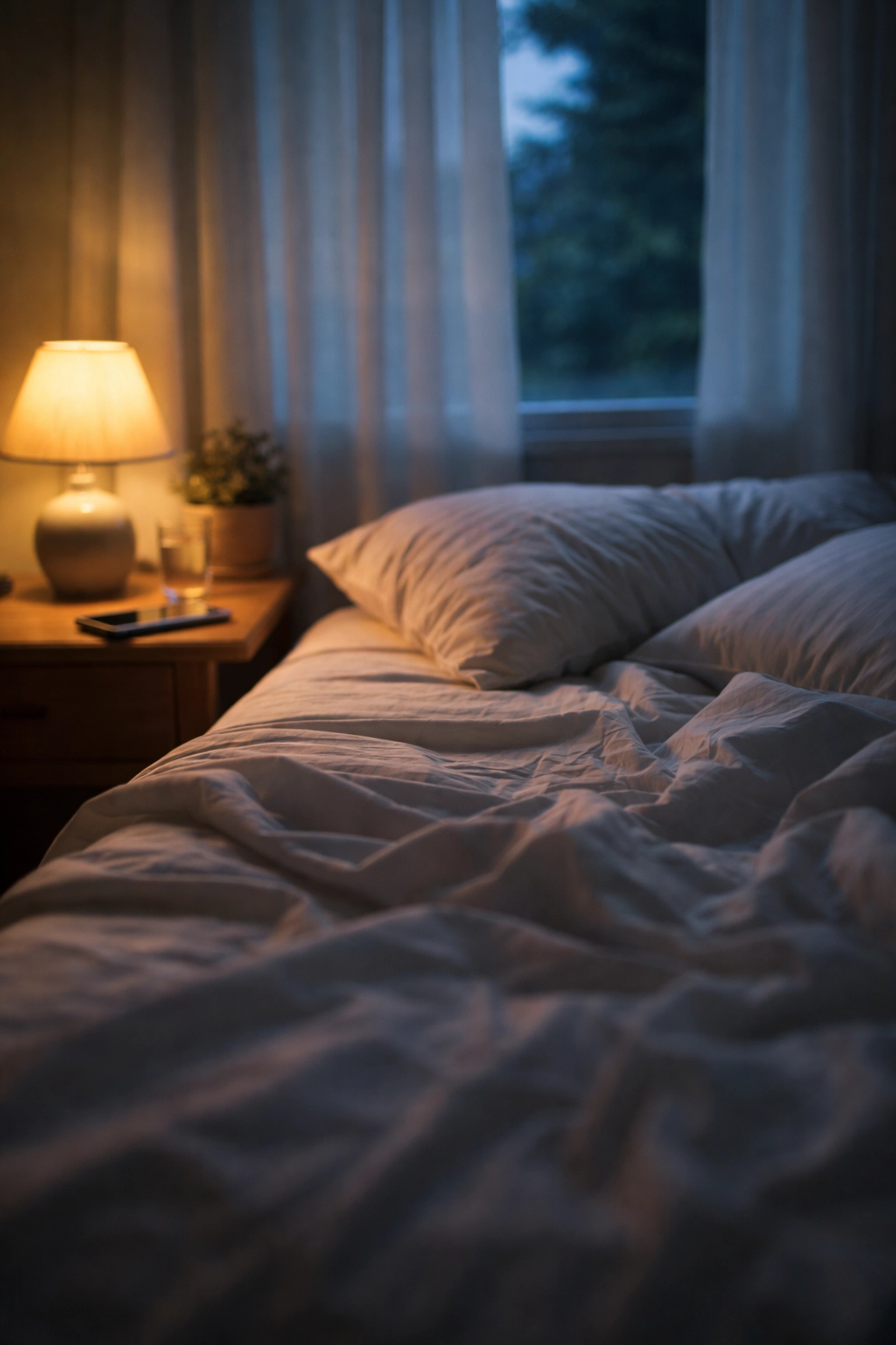 Hálószoba nyugodt éjszakai hangulatban, letett telefonnal és ágyneművel: pihentető alvás és tesztoszteron-termelés szerepe a merevedési zavar kezelésében.