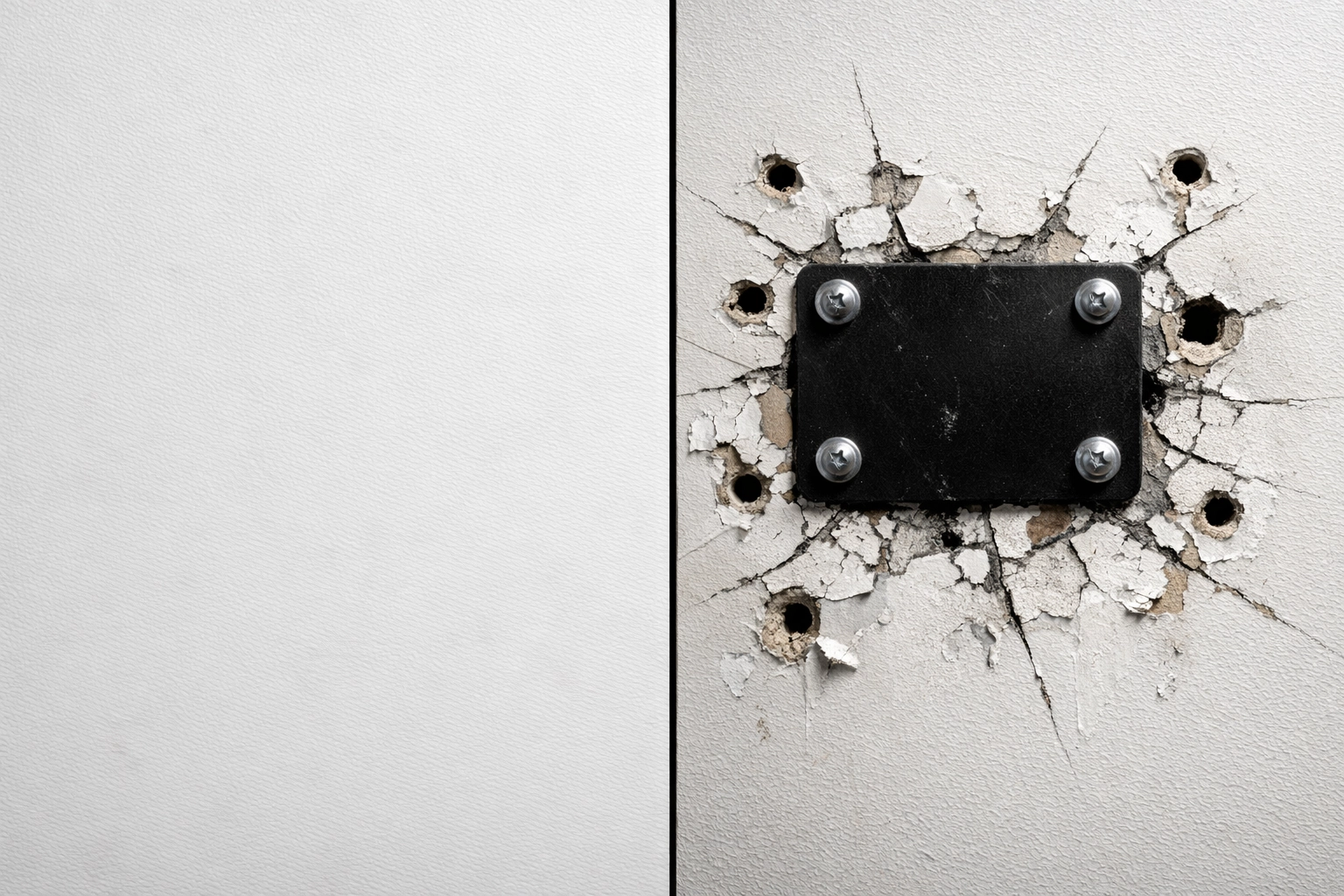 Wall damage from wall-mounted home gym equipment showing drilled holes and cracked drywall