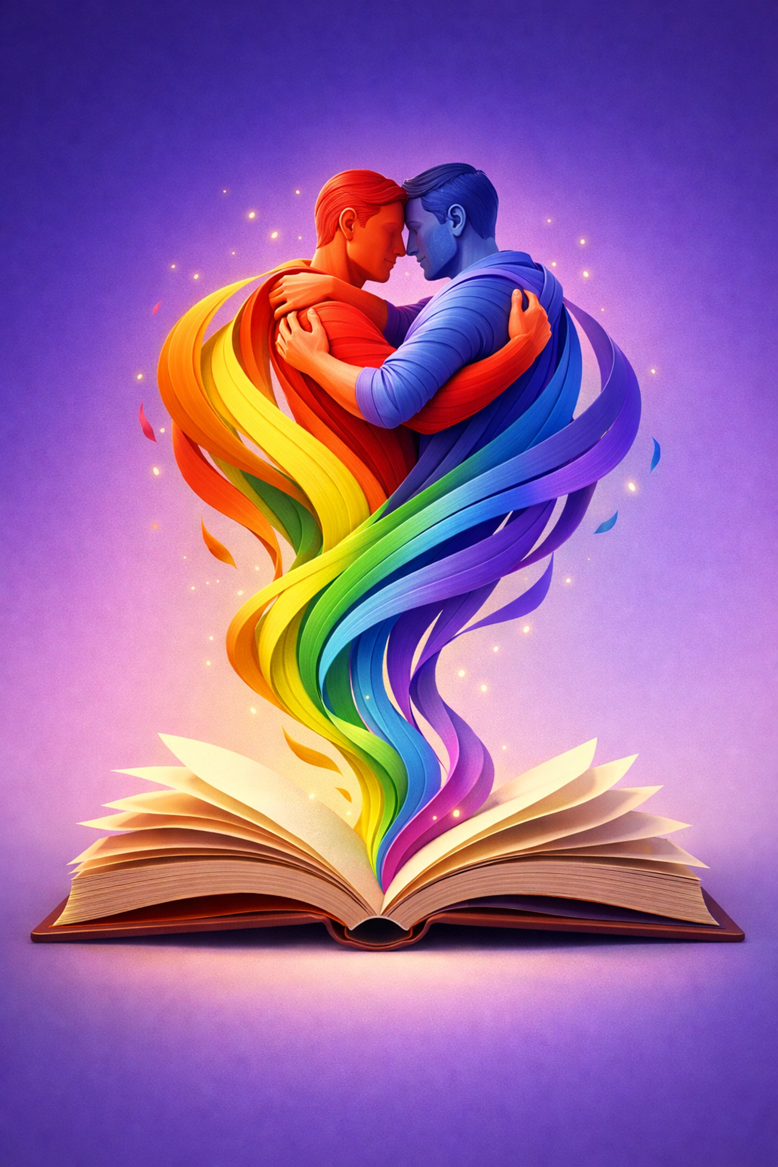 Rainbow book pages forming embrace symbolizing healing through LGBTQ+ fiction and MM romance