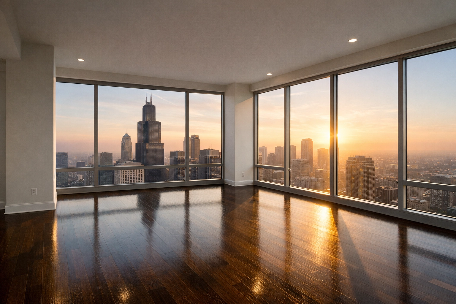 Empty luxury Chicago apartment with polished hardwood floors ready for move-in after professional cleaning.