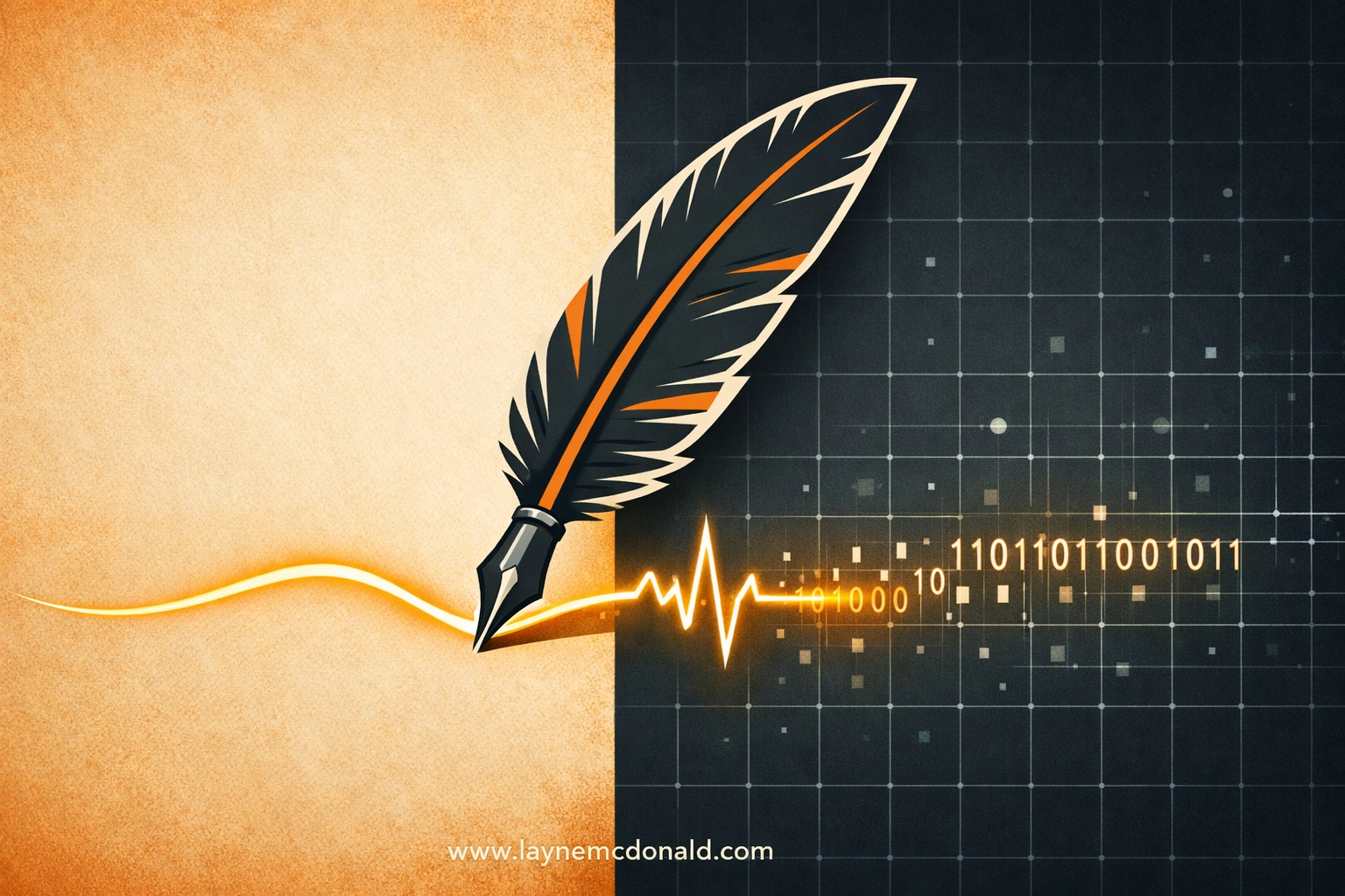 Illustration of a quill pen drawing digital light, representing the evolution of creative faith-based storytelling.