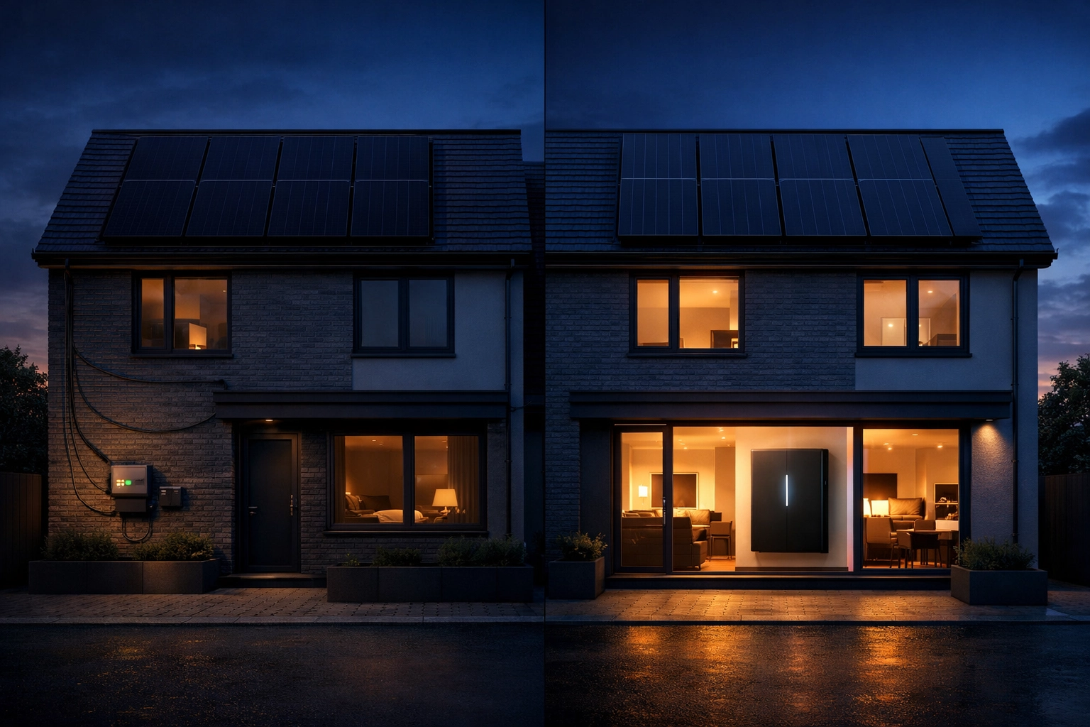 UK homes comparison: solar panels only vs solar with battery backup showing energy independence