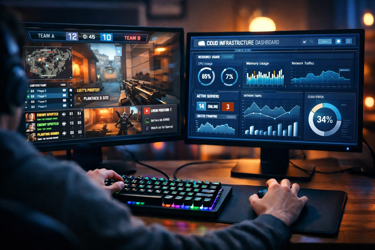 Esports gaming setup with dual monitors displaying cloud computing dashboards for workforce training