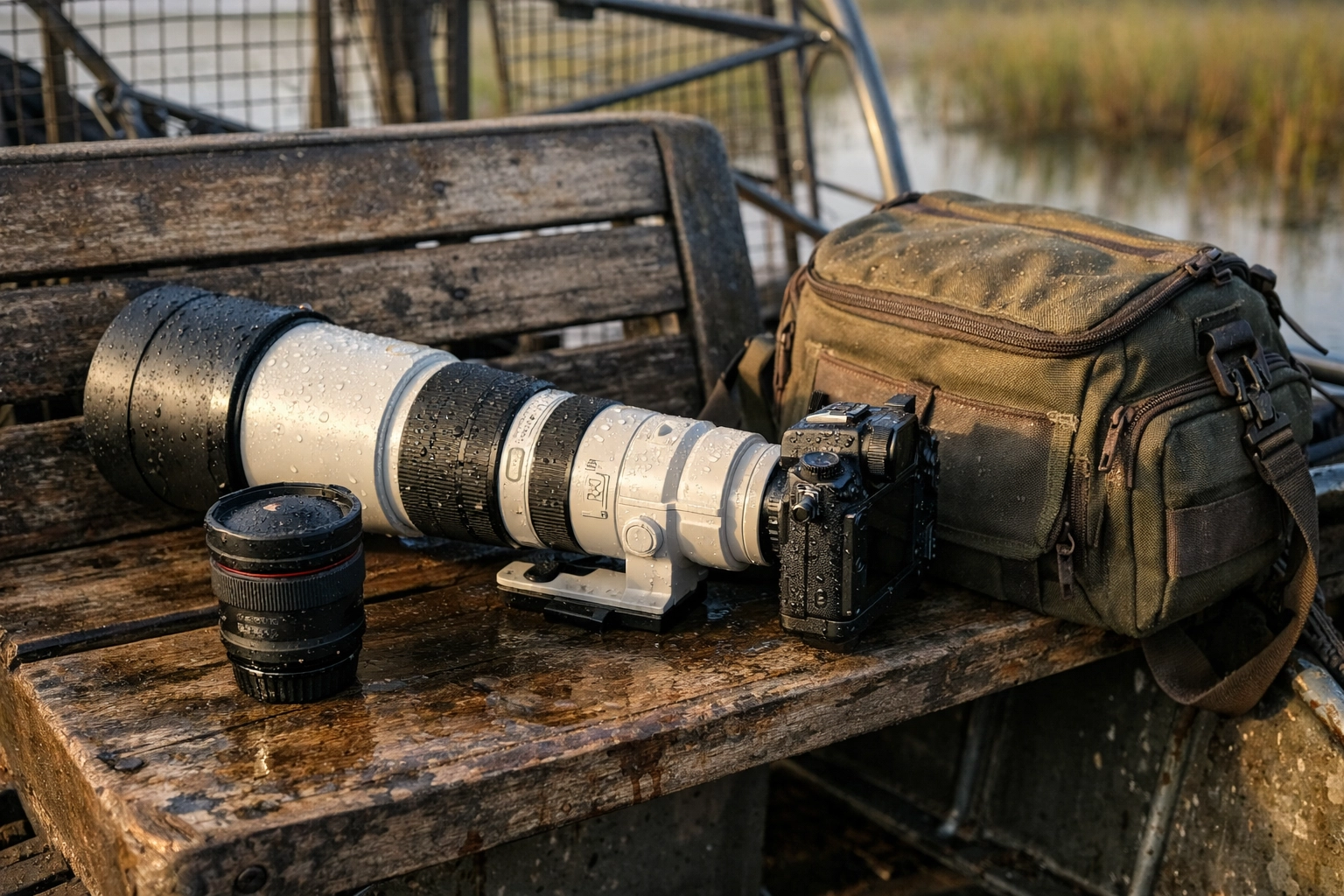 Professional mirrorless camera with a telephoto lens on an airboat seat for Everglades photography.
