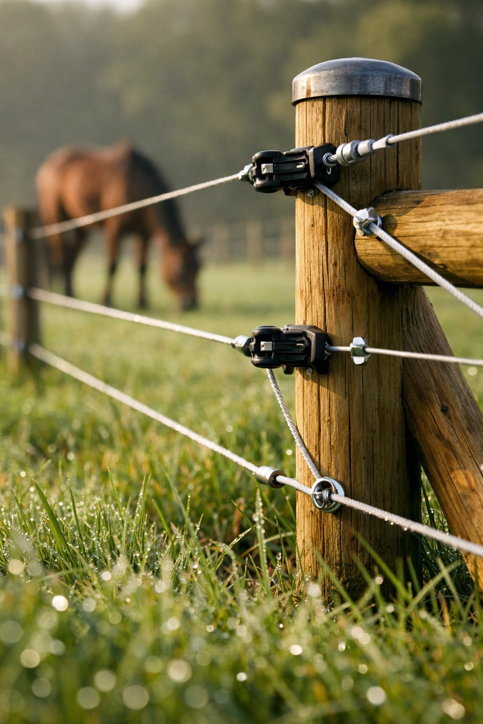 Well-maintained pasture fencing on Waxhaw horse farm with grazing horse in background