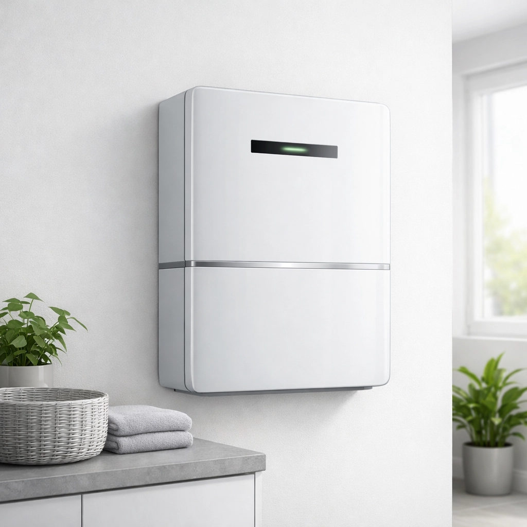 Modern home battery storage system providing backup power and protection against energy price spikes.