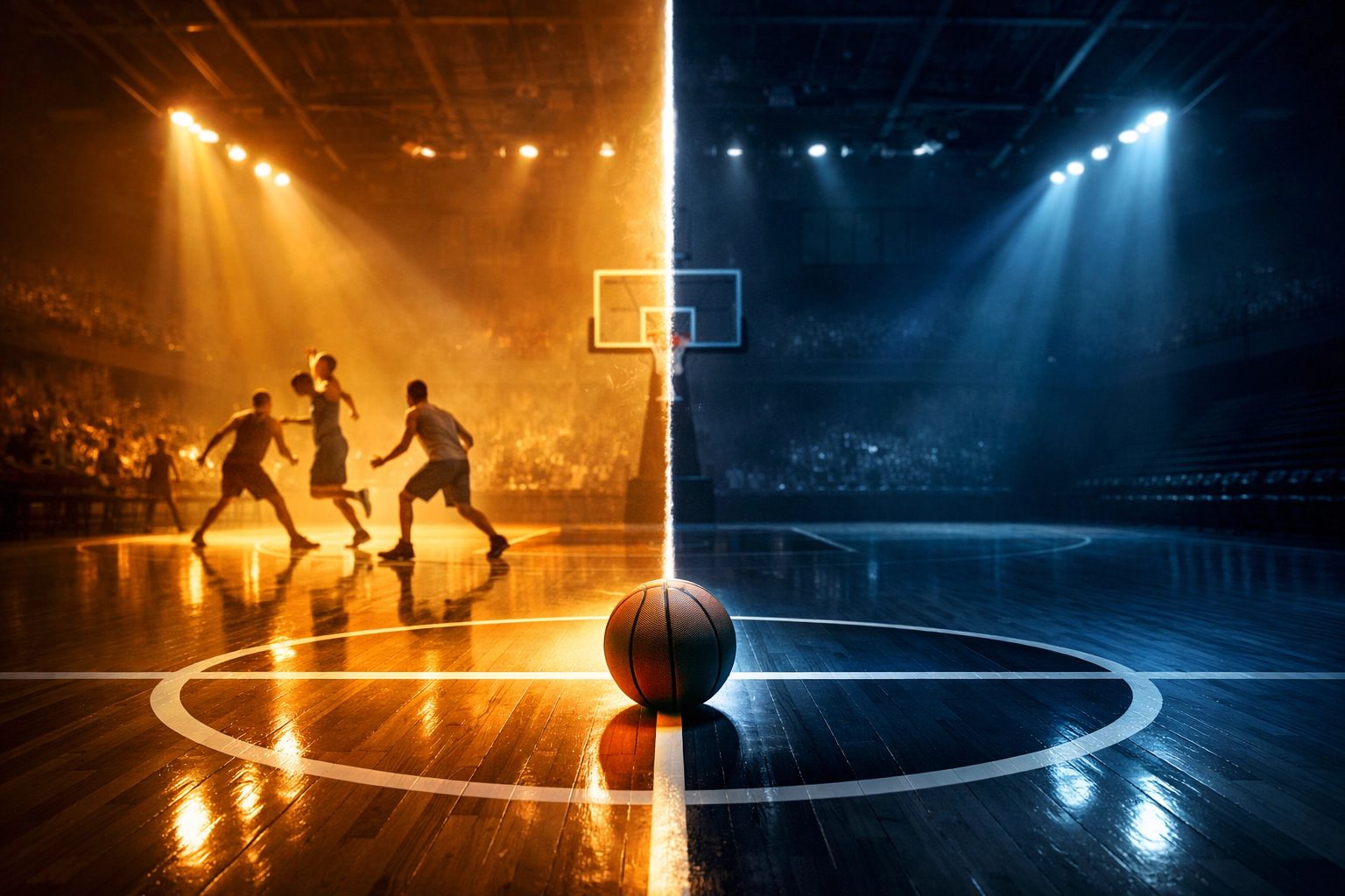 Basketball court split between light and shadow symbolizing WNBA inclusion versus NBA representation gap