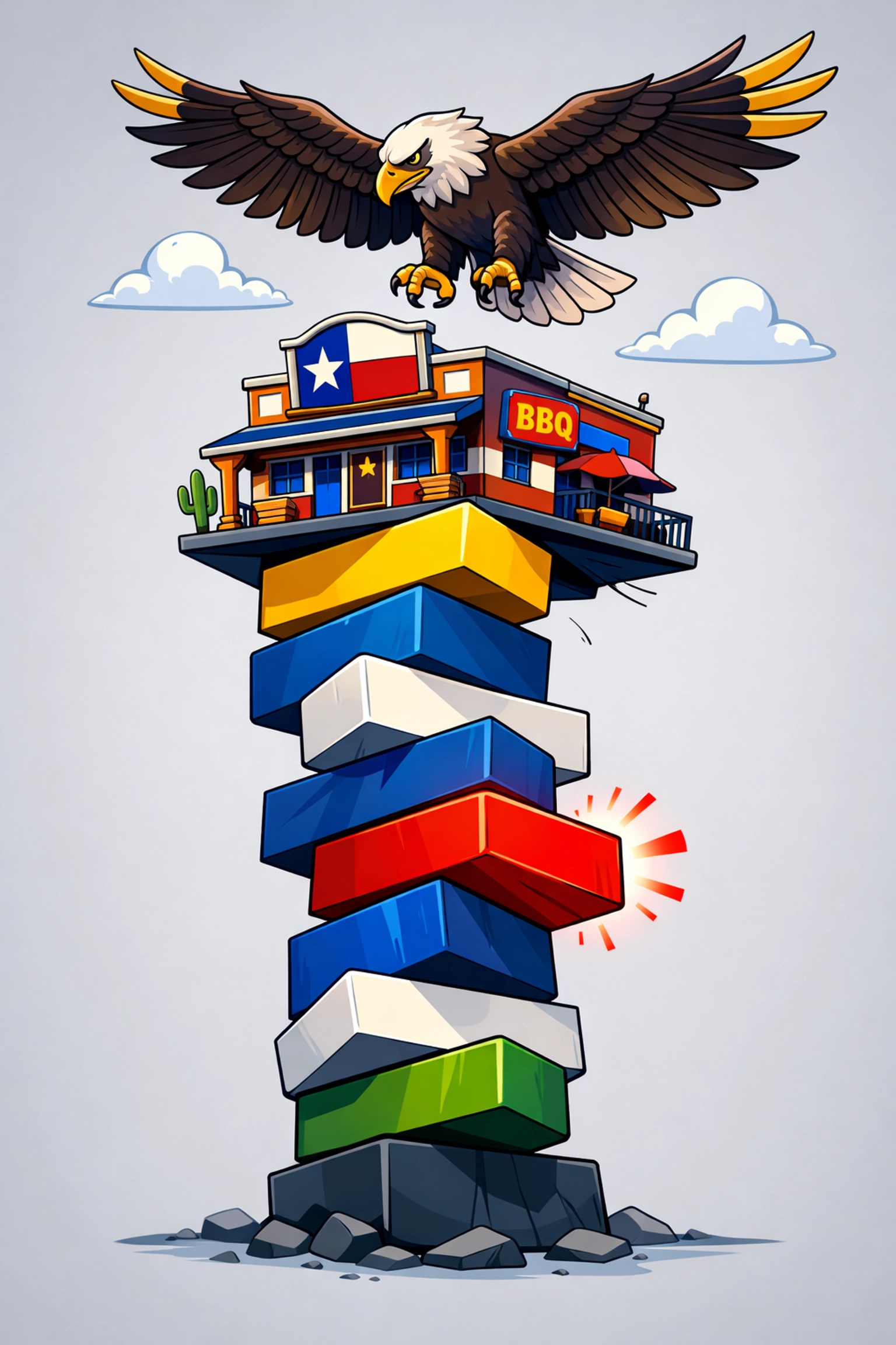 A Texas business building balancing on a wobbly stack of blocks, representing the dangers of risk stacking.