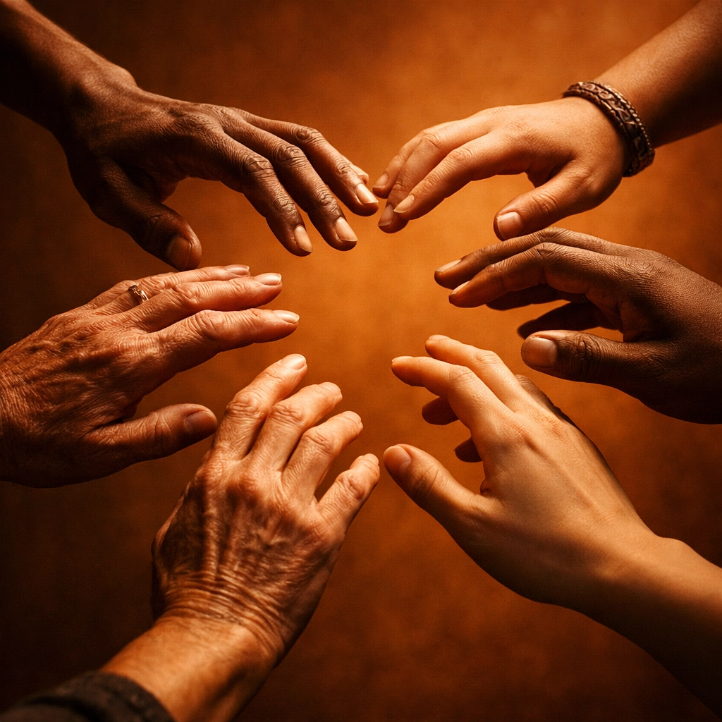 Hands reaching together showing podcast community connection and trust