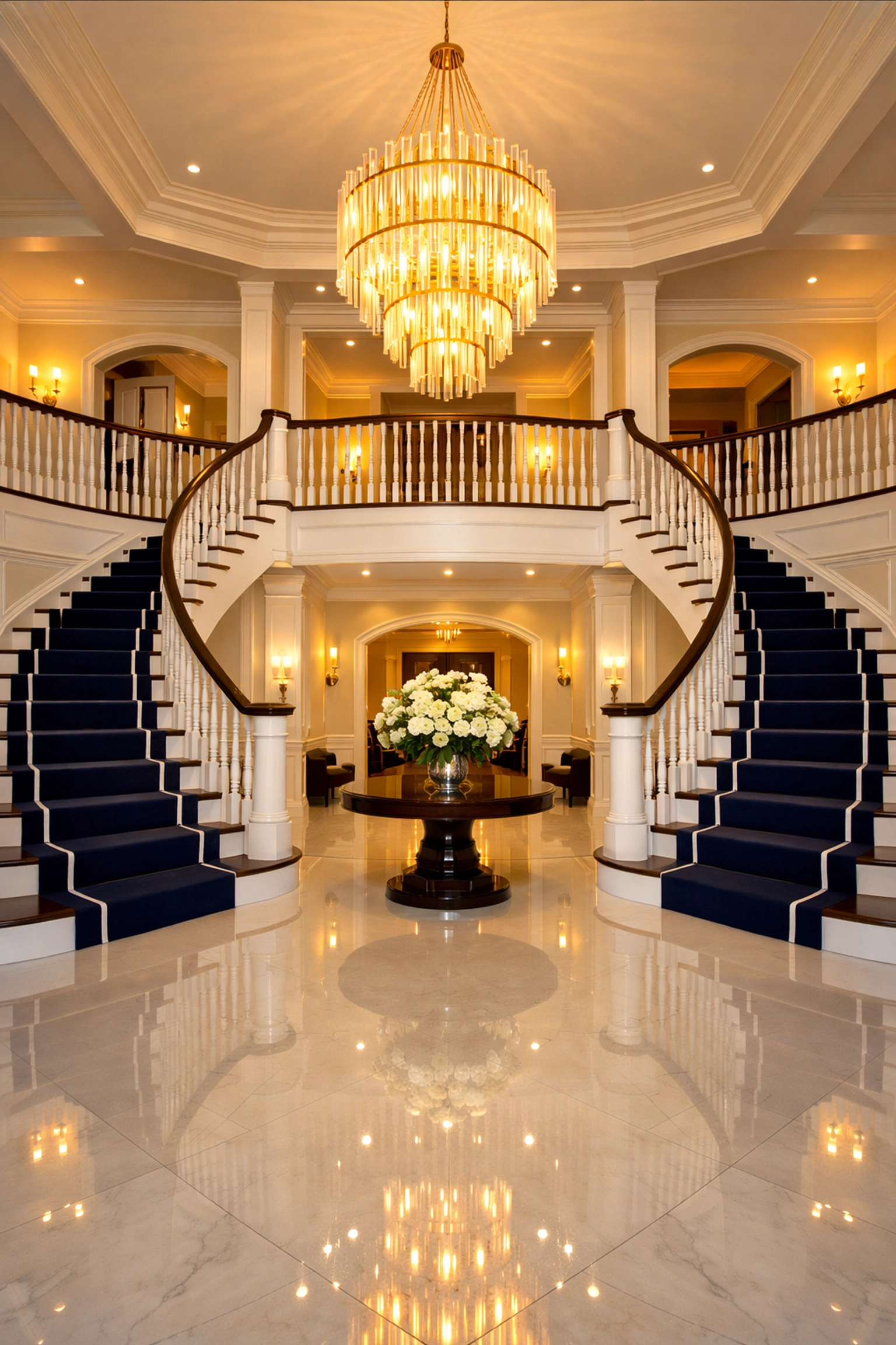 Luxury Foxborough foyer with a reflective white tile floor showcasing high-end house cleaning service results.