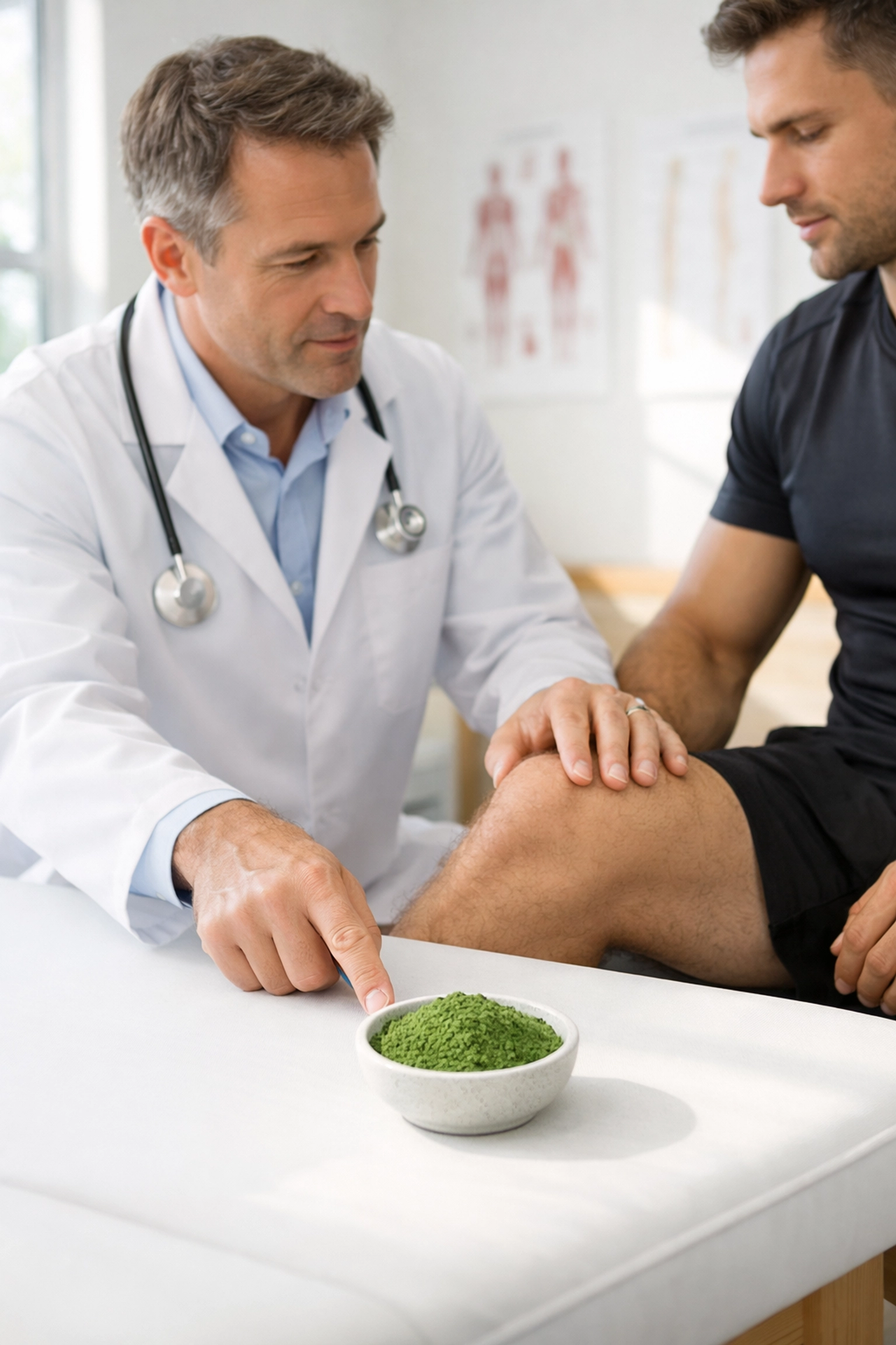Sports doctor recommending French green clay to athlete during recovery consultation