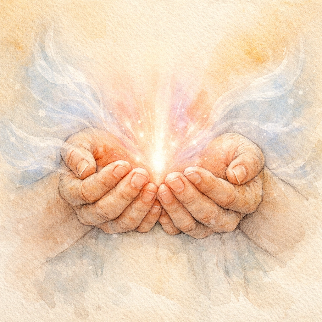 Cupped hands in prayer position receiving light symbolizing breath prayer and God's peace