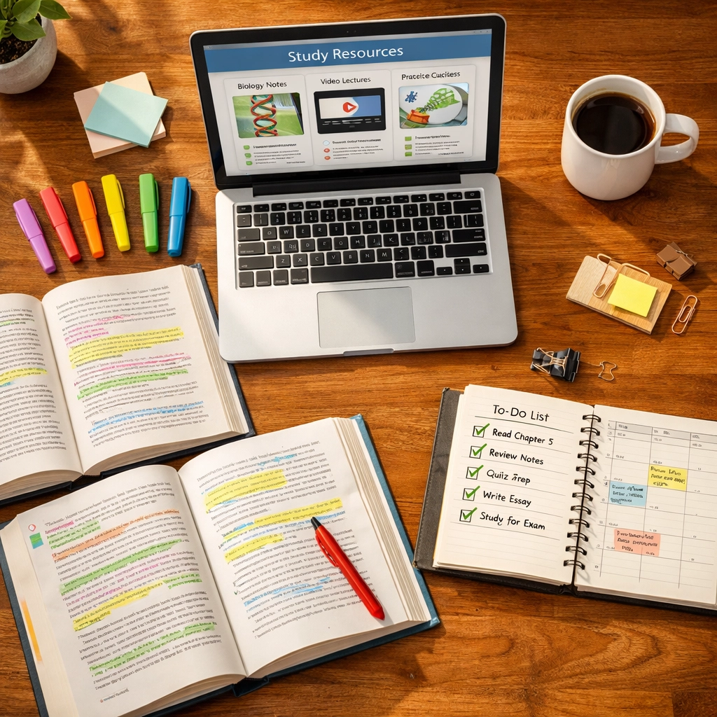 Organized CLEP study guide materials and DSST test prep resources on desk