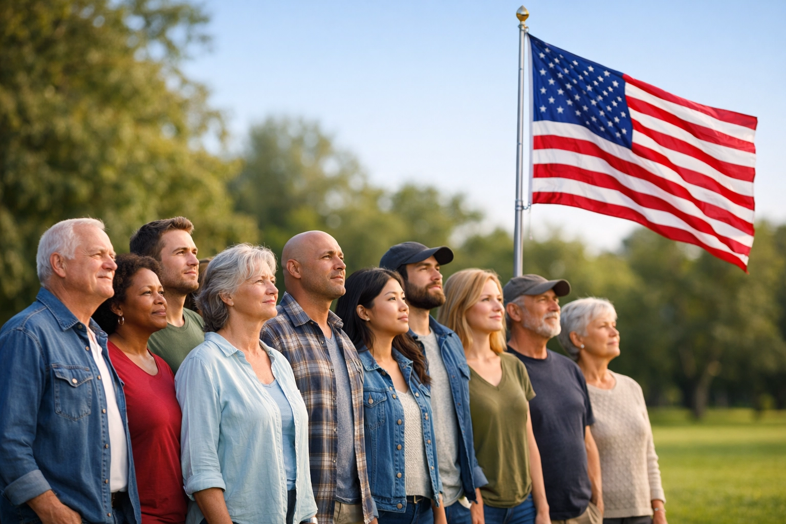 A diverse group of patriots standing in a park with the American flag, symbolizing community unity and action.