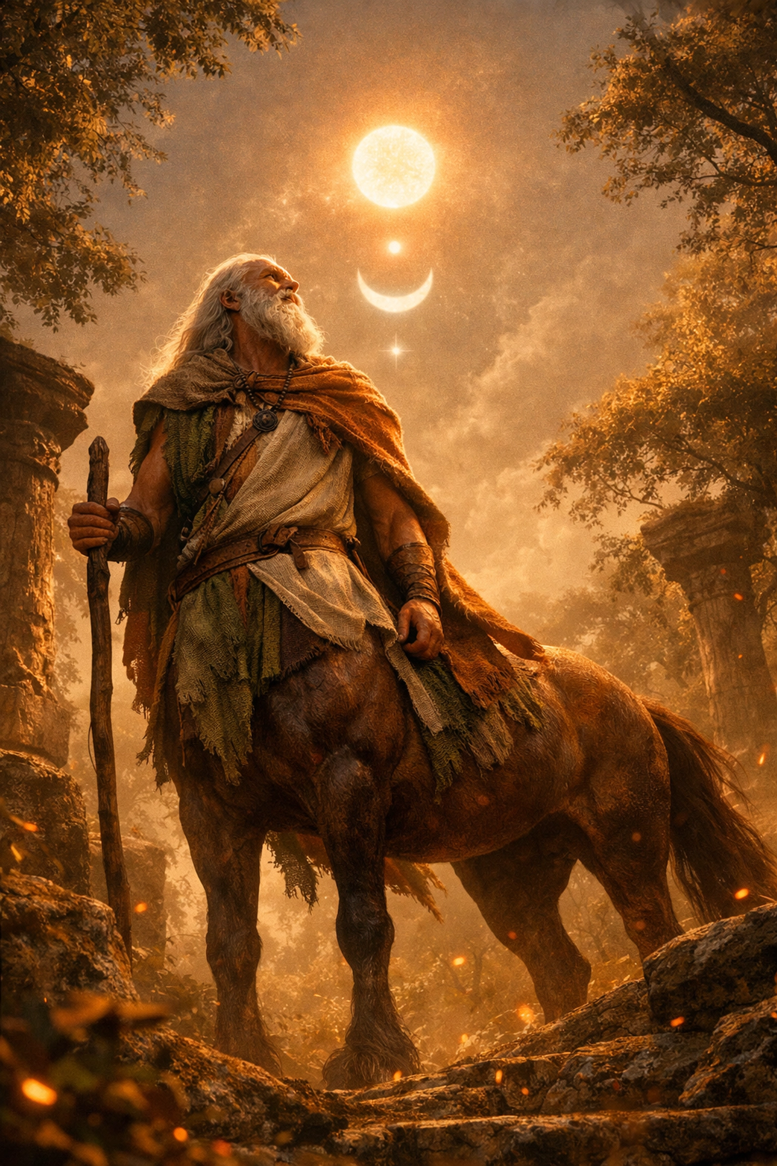 A wise centaur in a sunlit forest representing the wounded healer archetype and astrology for healing.