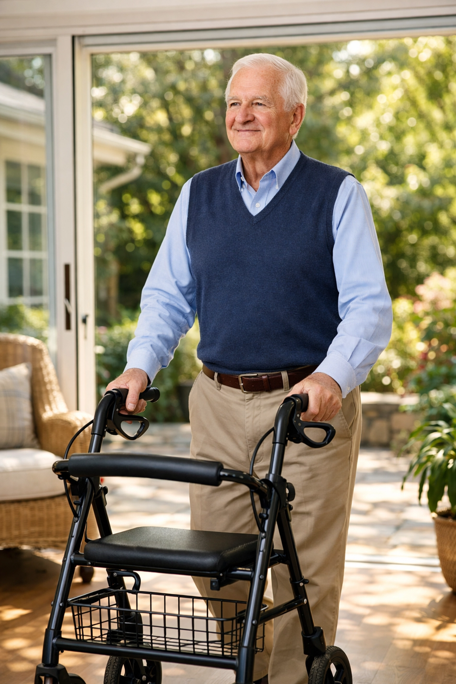 Senior man walking with correct posture and steady pace using a rollator for mobility support.